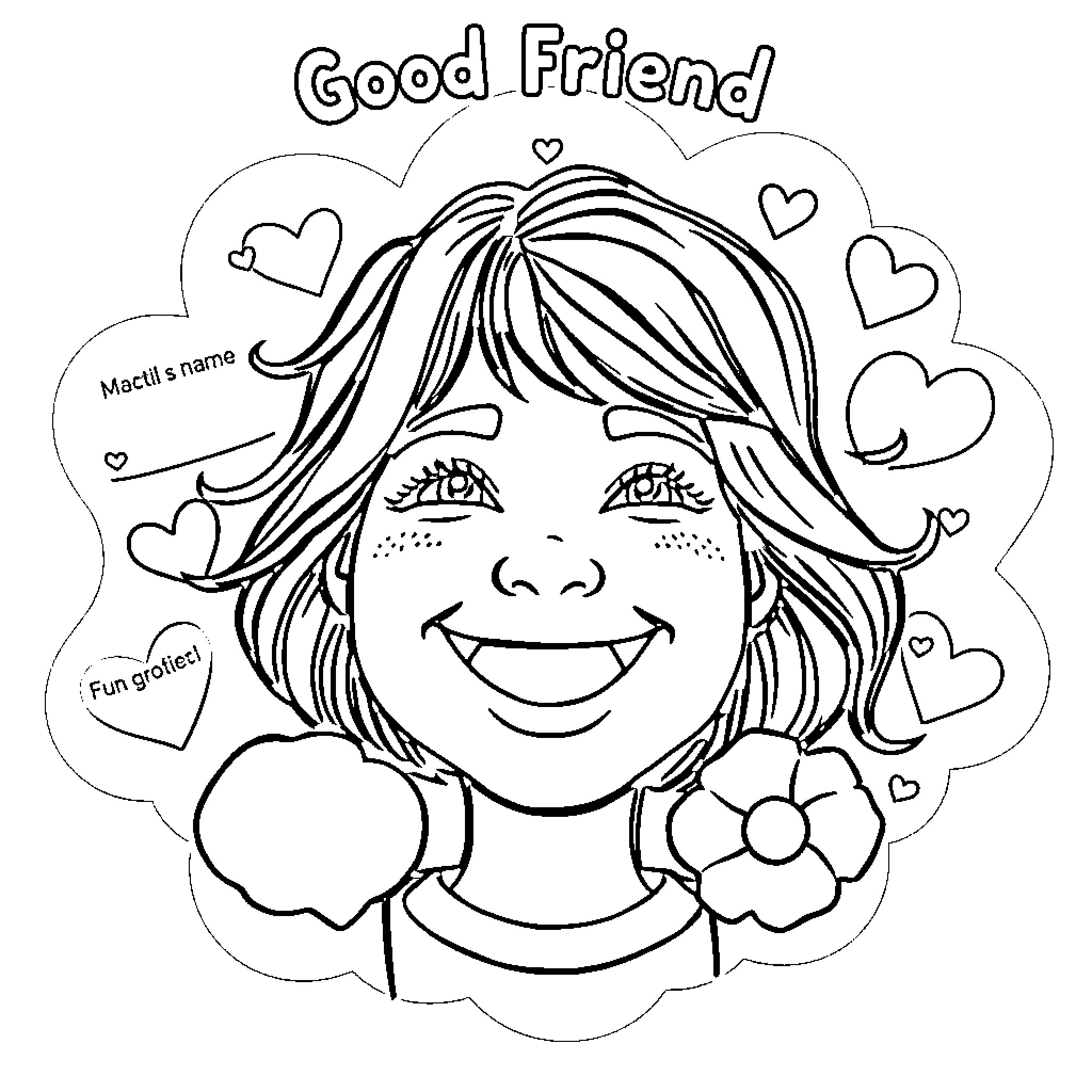 Friend's Friendly and Fun Coloring Page Coloring Page (free black-and-white line drawing printable PDF for all, from beginners to advanced learners, including children, teens, adults, and seniors)