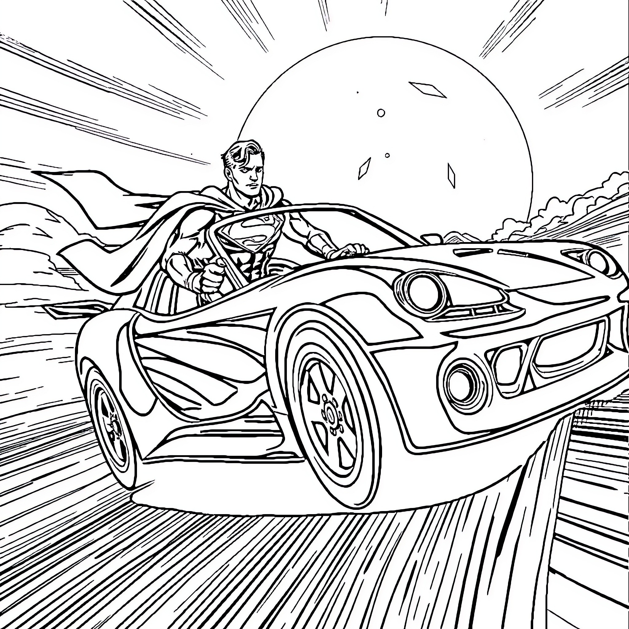Hotwheels superhero racing through a futuristic landscape Coloring Page (free black-and-white line drawing printable PDF for all, from beginners to advanced learners, including children, teens, adults, and seniors)