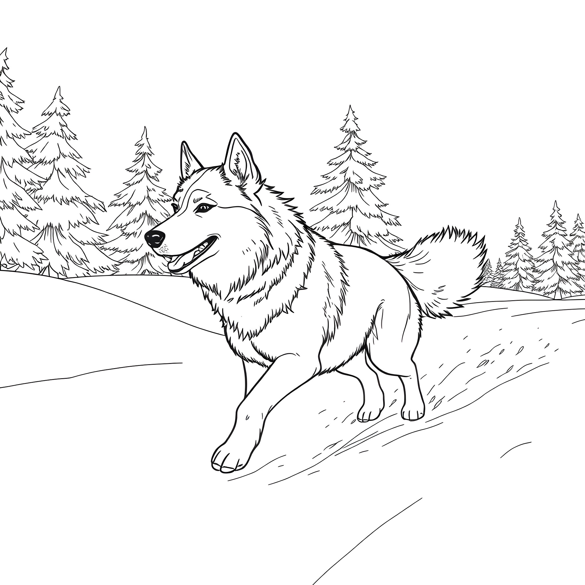 Husky enjoying the snowy forest landscape Coloring Page (free black-and-white line drawing printable PDF for all, from beginners to advanced learners, including children, teens, adults, and seniors)