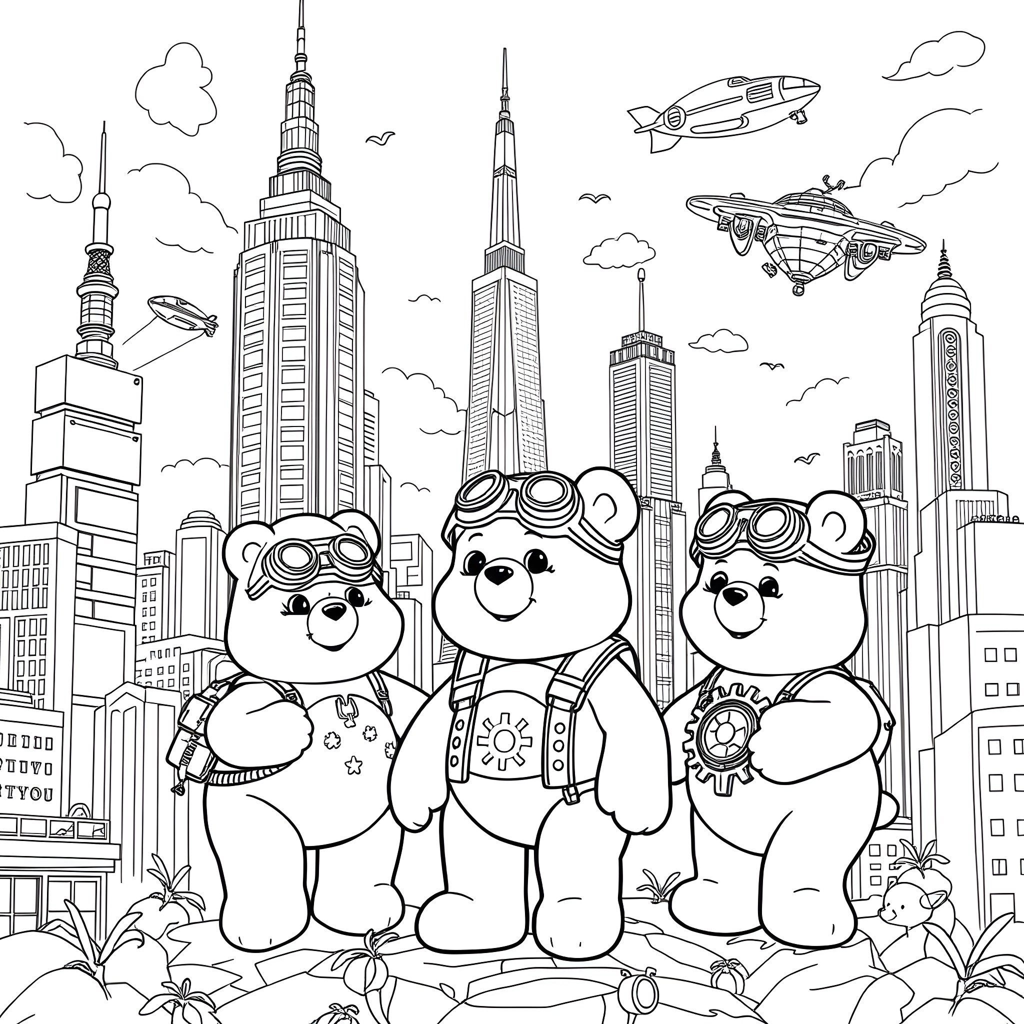 Carebear Pilots Explore the Futuristic City Skyline Coloring Page (free black-and-white line drawing printable PDF for all, from beginners to advanced learners, including children, teens, adults, and seniors)