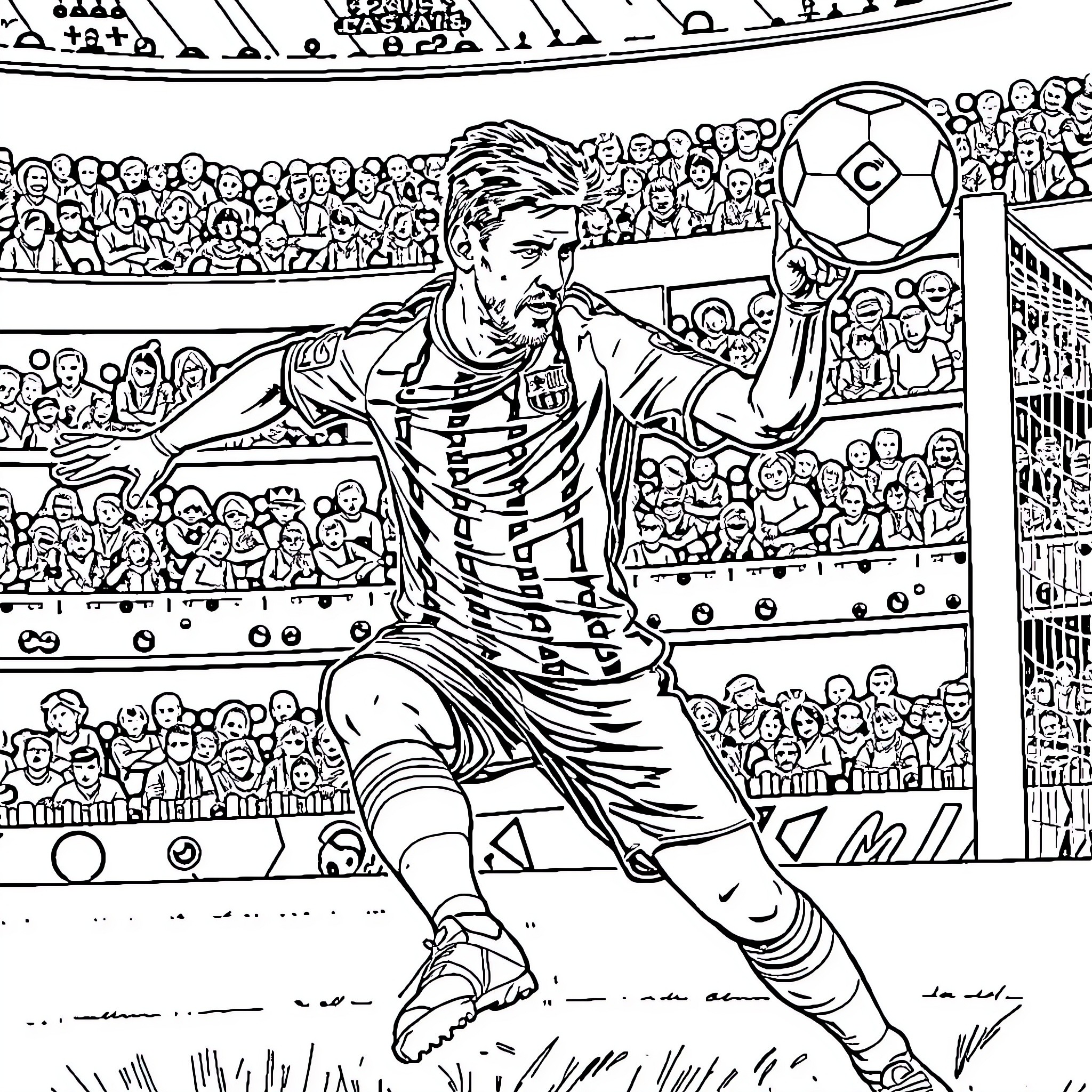 Messi Scoring a Goal on the Soccer Field Coloring Page (free black-and-white line drawing printable PDF for all, from beginners to advanced learners, including children, teens, adults, and seniors)