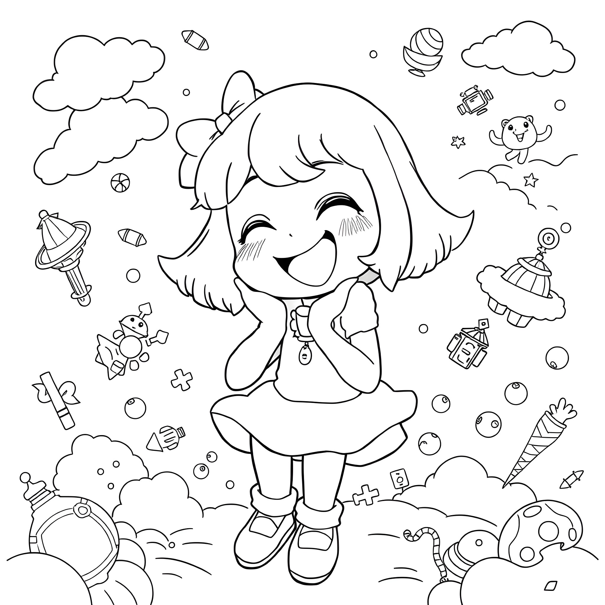 Uraraka Ochako in a whimsical and playful scene Coloring Page (free black-and-white line drawing printable PDF for all, from beginners to advanced learners, including children, teens, adults, and seniors)