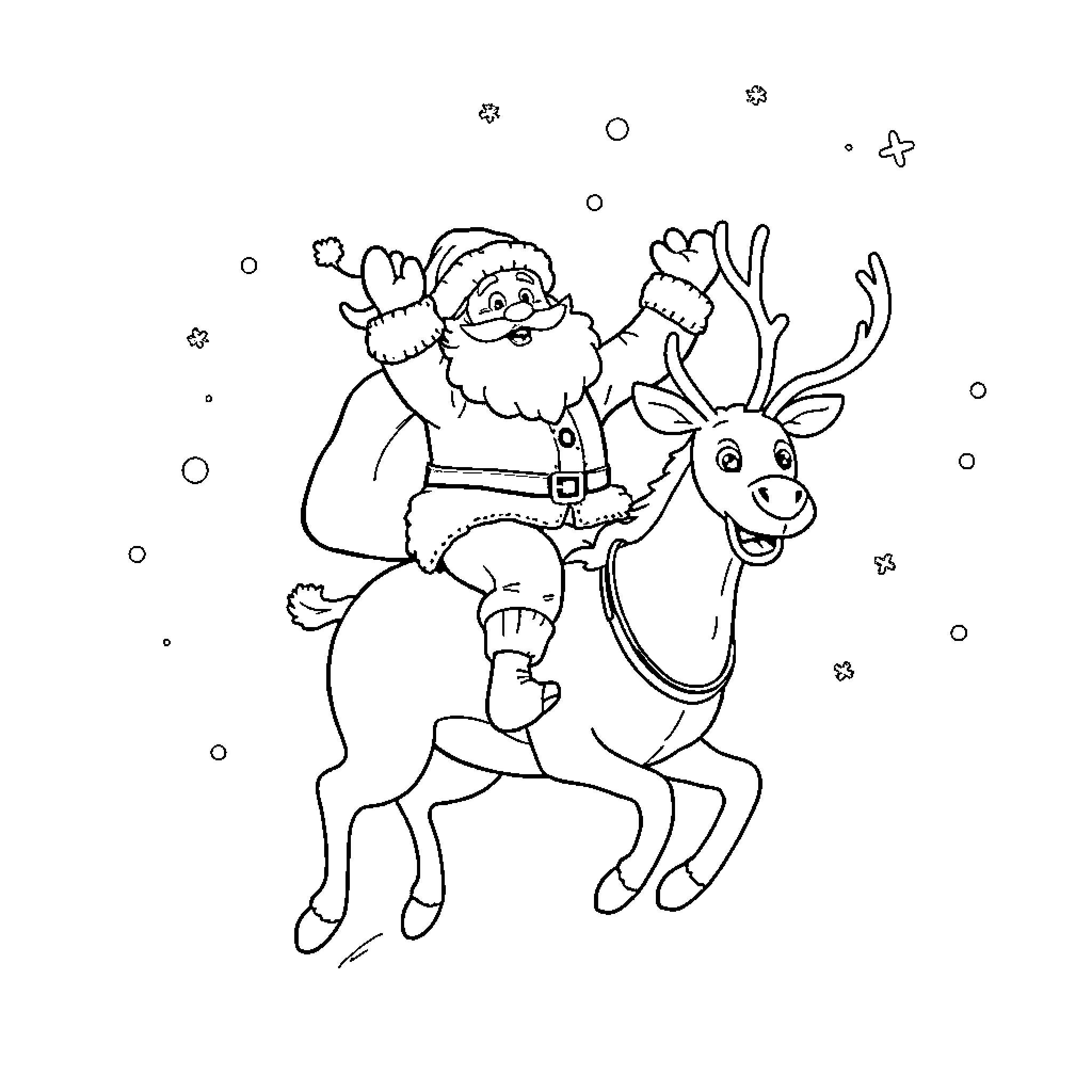 Santa riding a cheerful reindeer in the snow Coloring Page (free black-and-white line drawing printable PDF for all, from beginners to advanced learners, including children, teens, adults, and seniors)