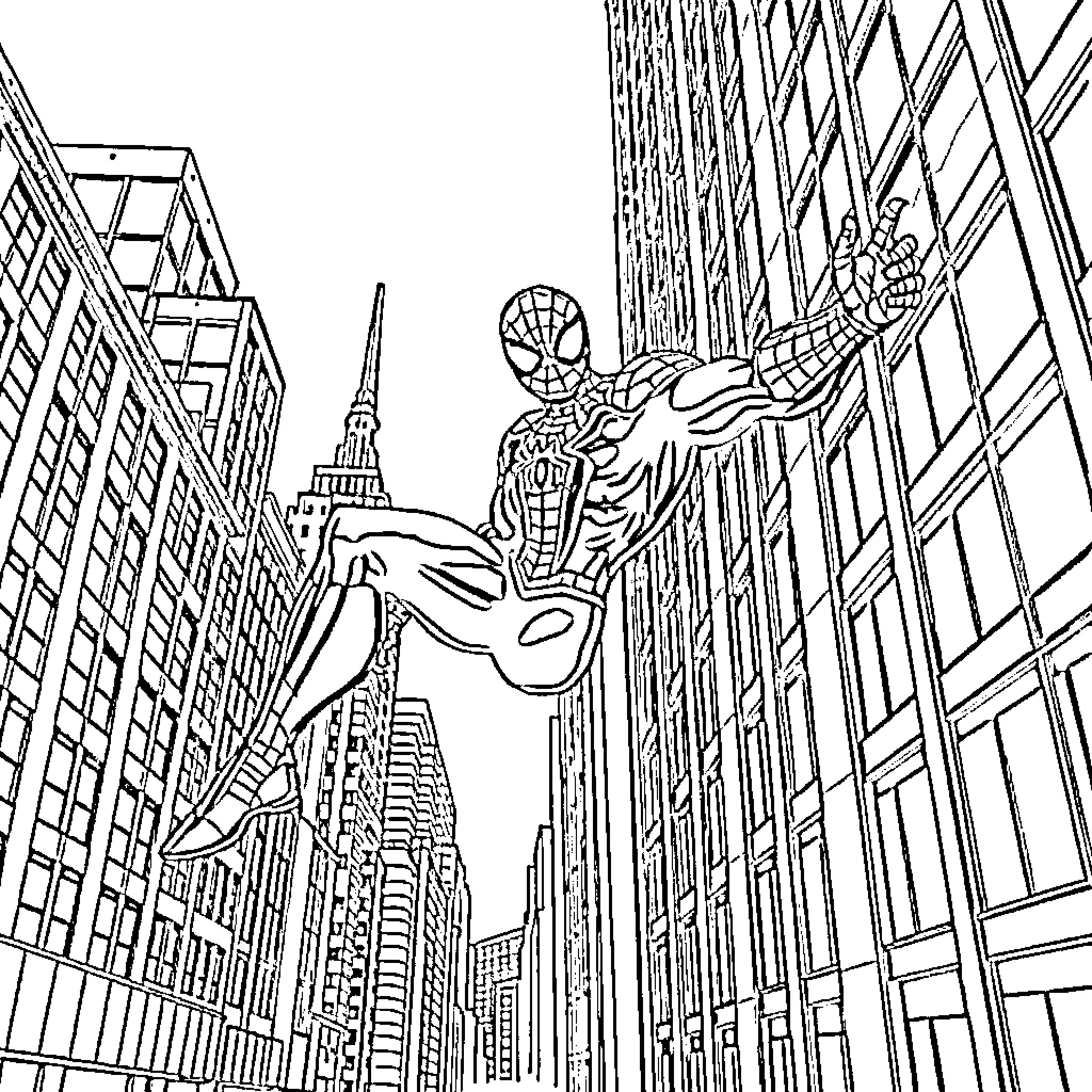 Spiderman swinging through the city Coloring Page (free black-and-white line drawing printable PDF for all, from beginners to advanced learners, including children, teens, adults, and seniors)