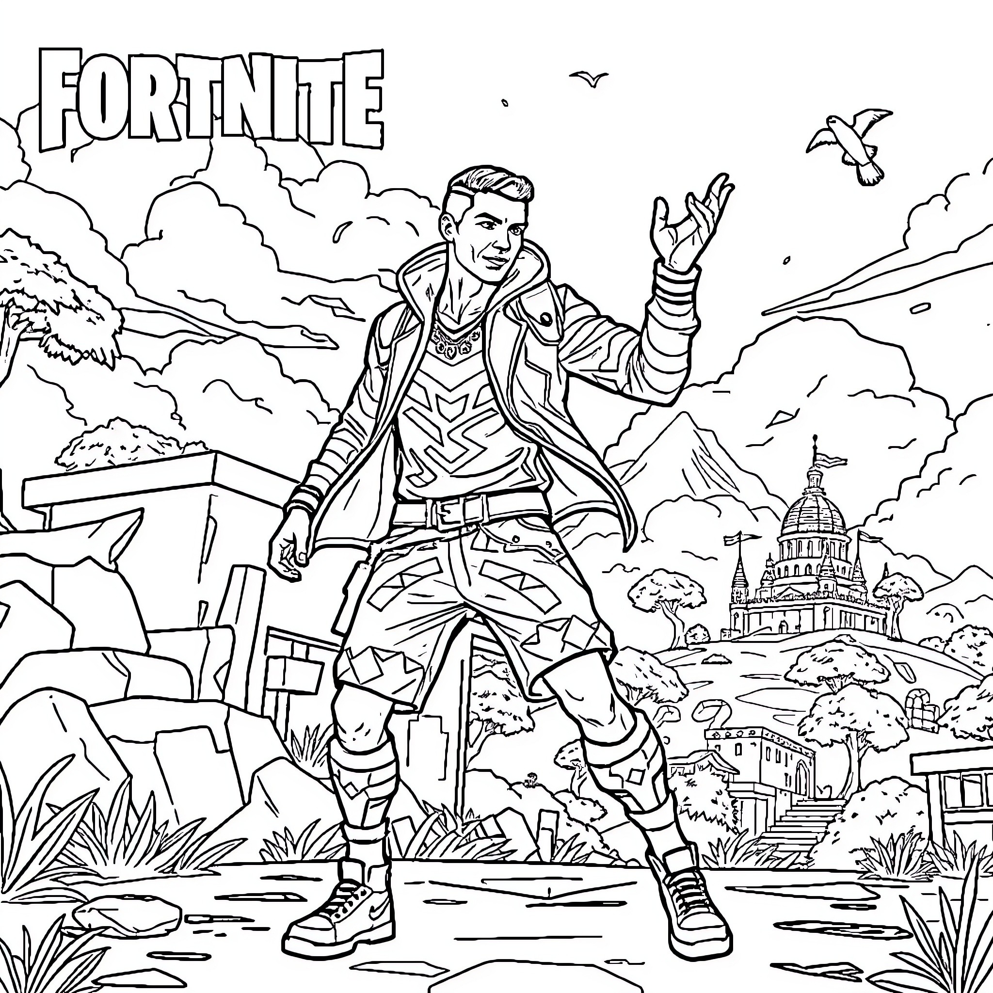 Cristiano Ronaldo strikes a heroic pose in the Fortnite universe Coloring Page (free black-and-white line drawing printable PDF for all, from beginners to advanced learners, including children, teens, adults, and seniors)