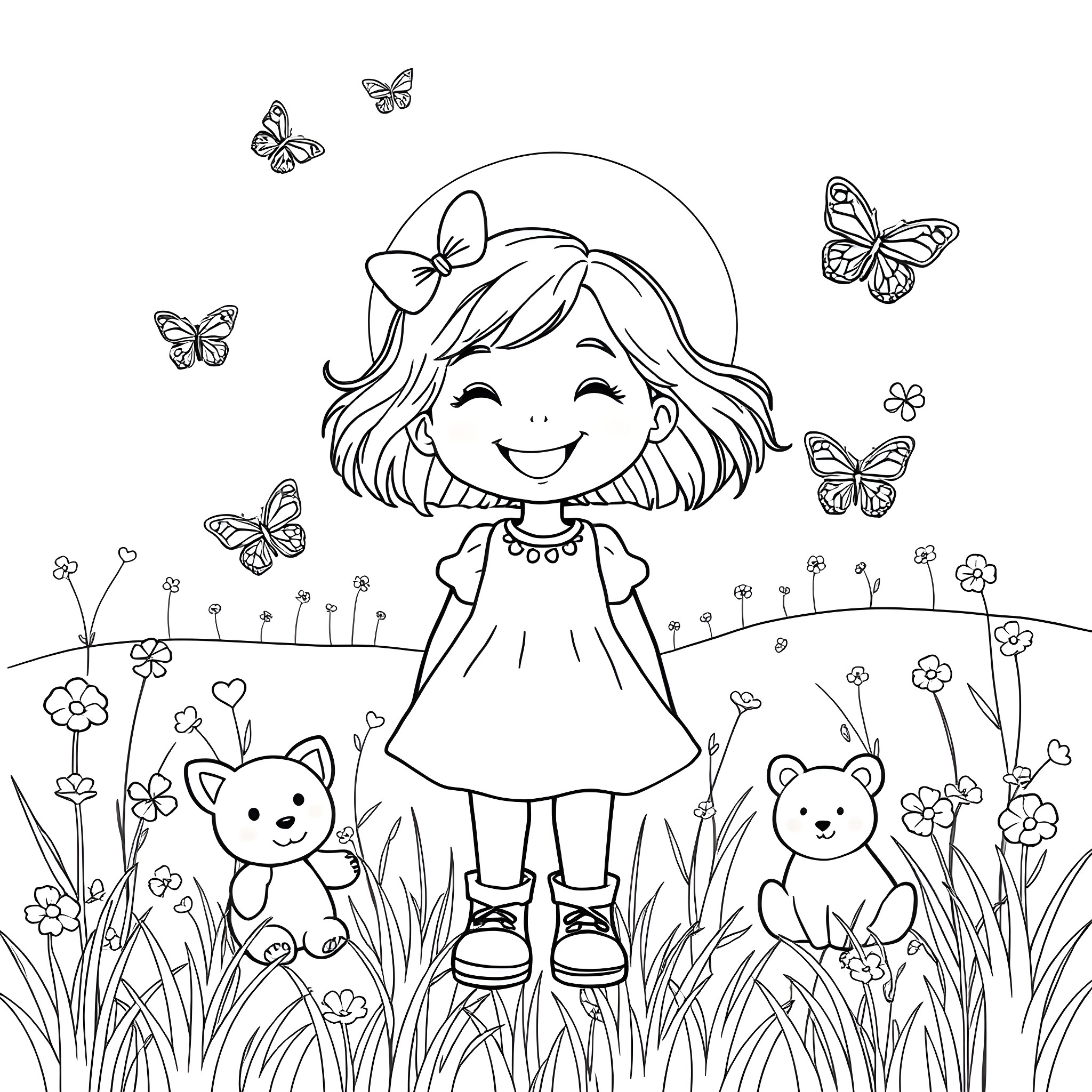 Gabby playing with butterflies in a flowery meadow Coloring Page (free black-and-white line drawing printable PDF for all, from beginners to advanced learners, including children, teens, adults, and seniors)