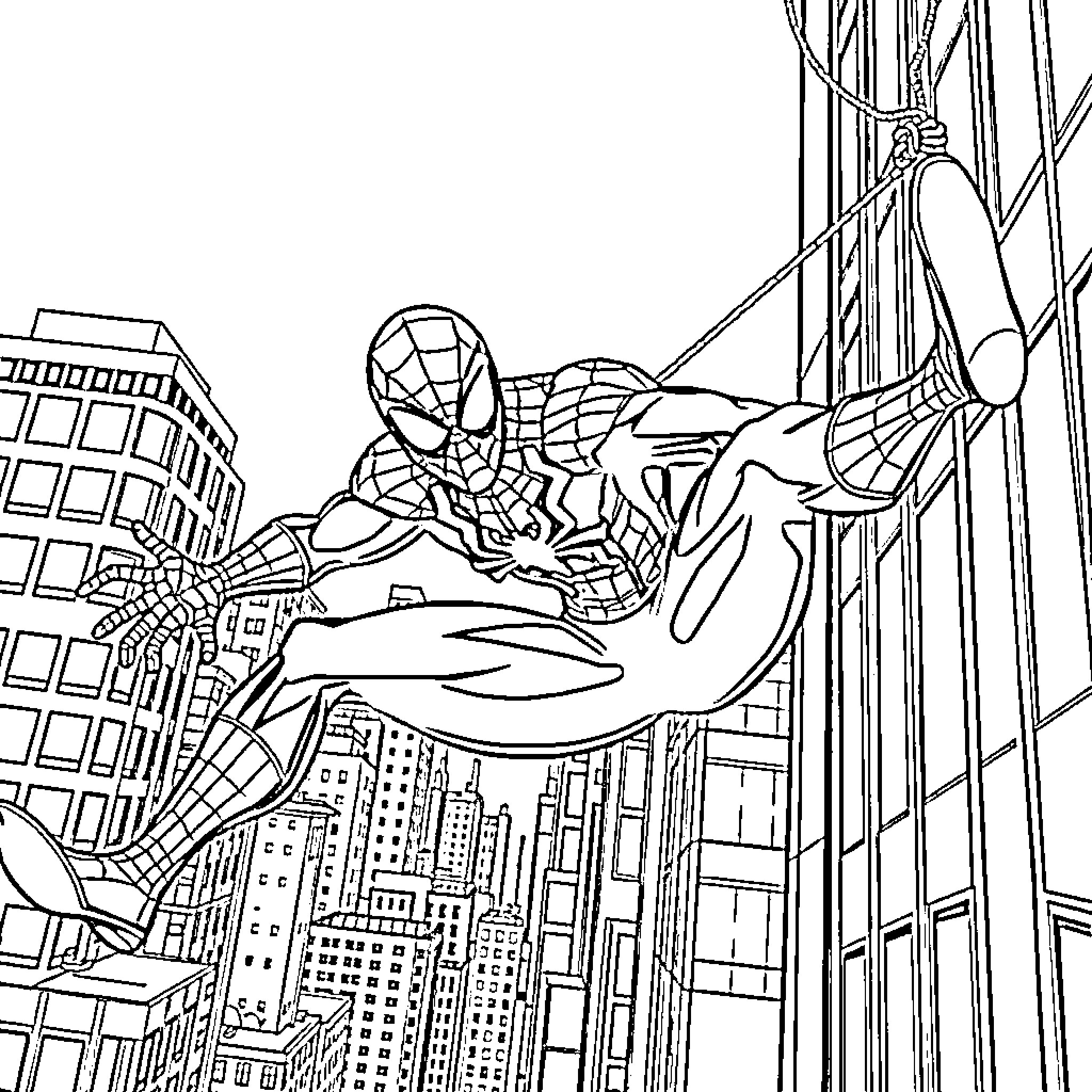 Spiderman swinging heroically through the city skyscrapers Coloring Page (free black-and-white line drawing printable PDF for all, from beginners to advanced learners, including children, teens, adults, and seniors)