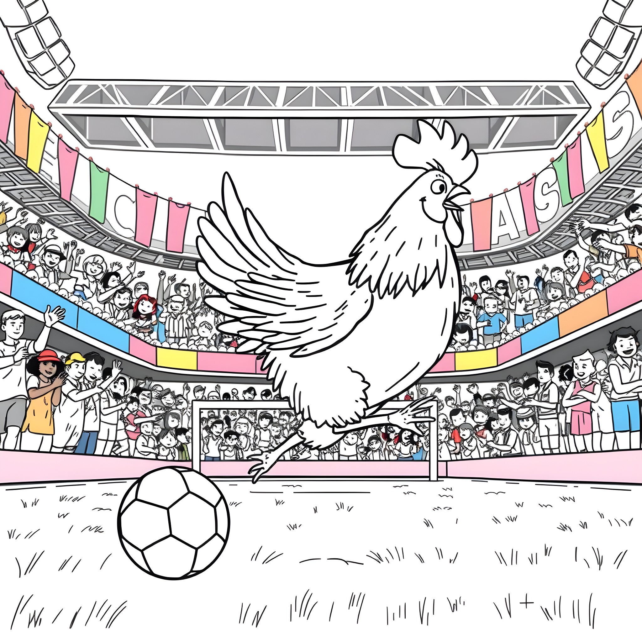 Chicken running on a soccer field in a sports stadium Coloring Page (free black-and-white line drawing printable PDF for all, from beginners to advanced learners, including children, teens, adults, and seniors)