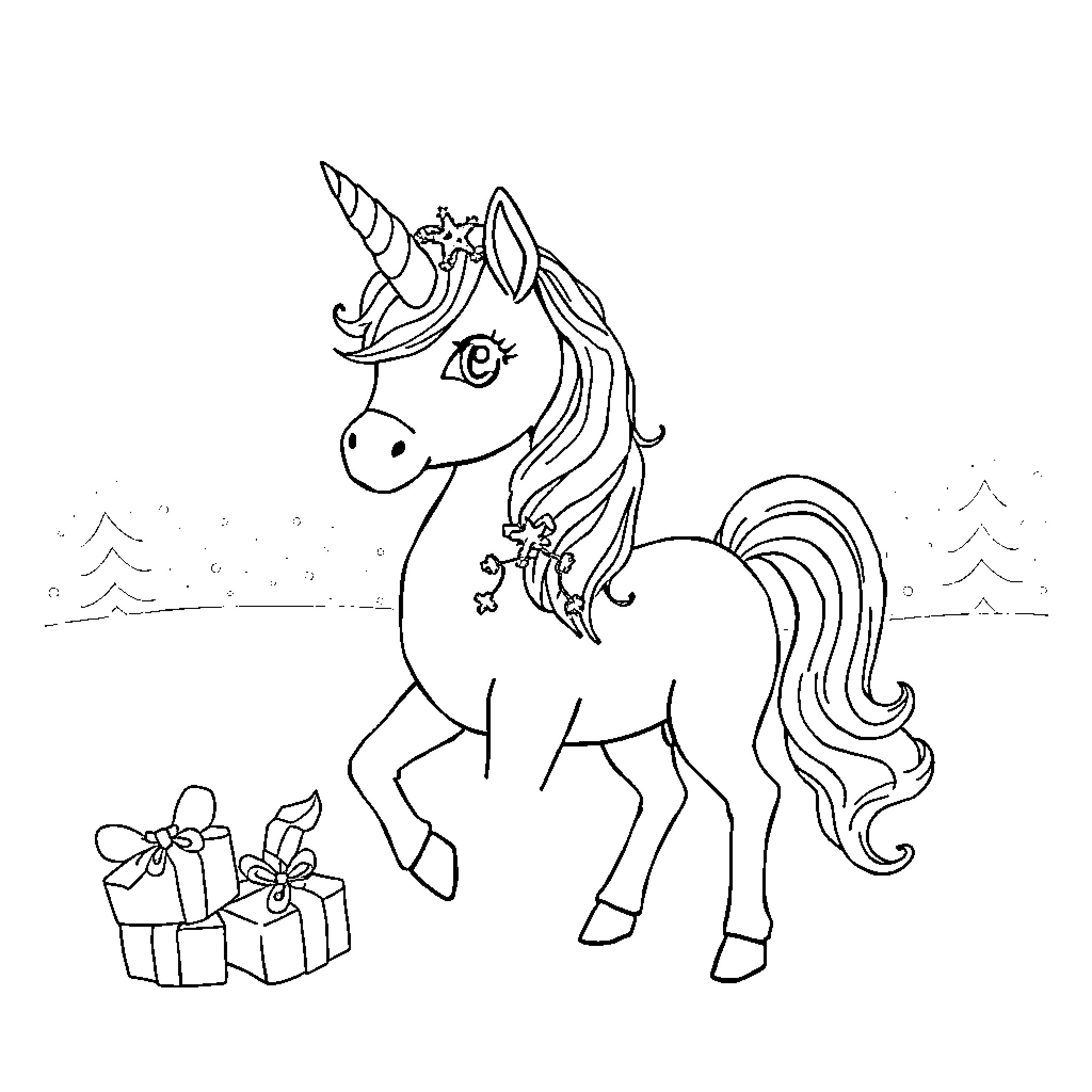 Unicorn with holiday gifts and decorations Coloring Page (free black-and-white line drawing printable PDF for all, from beginners to advanced learners, including children, teens, adults, and seniors)