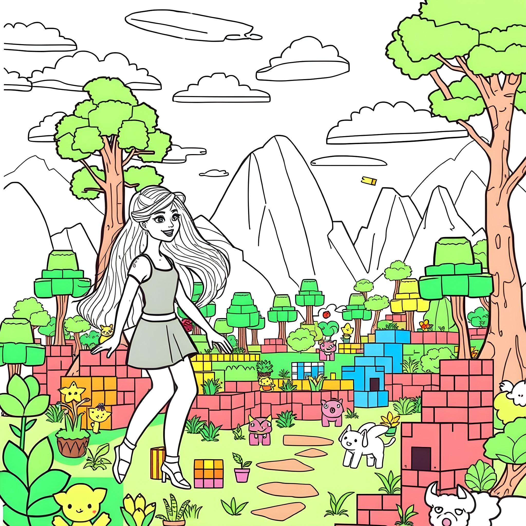 Barbie Exploring a Vibrant Enchanted Garden Coloring Page (free black-and-white line drawing printable PDF for all, from beginners to advanced learners, including children, teens, adults, and seniors)