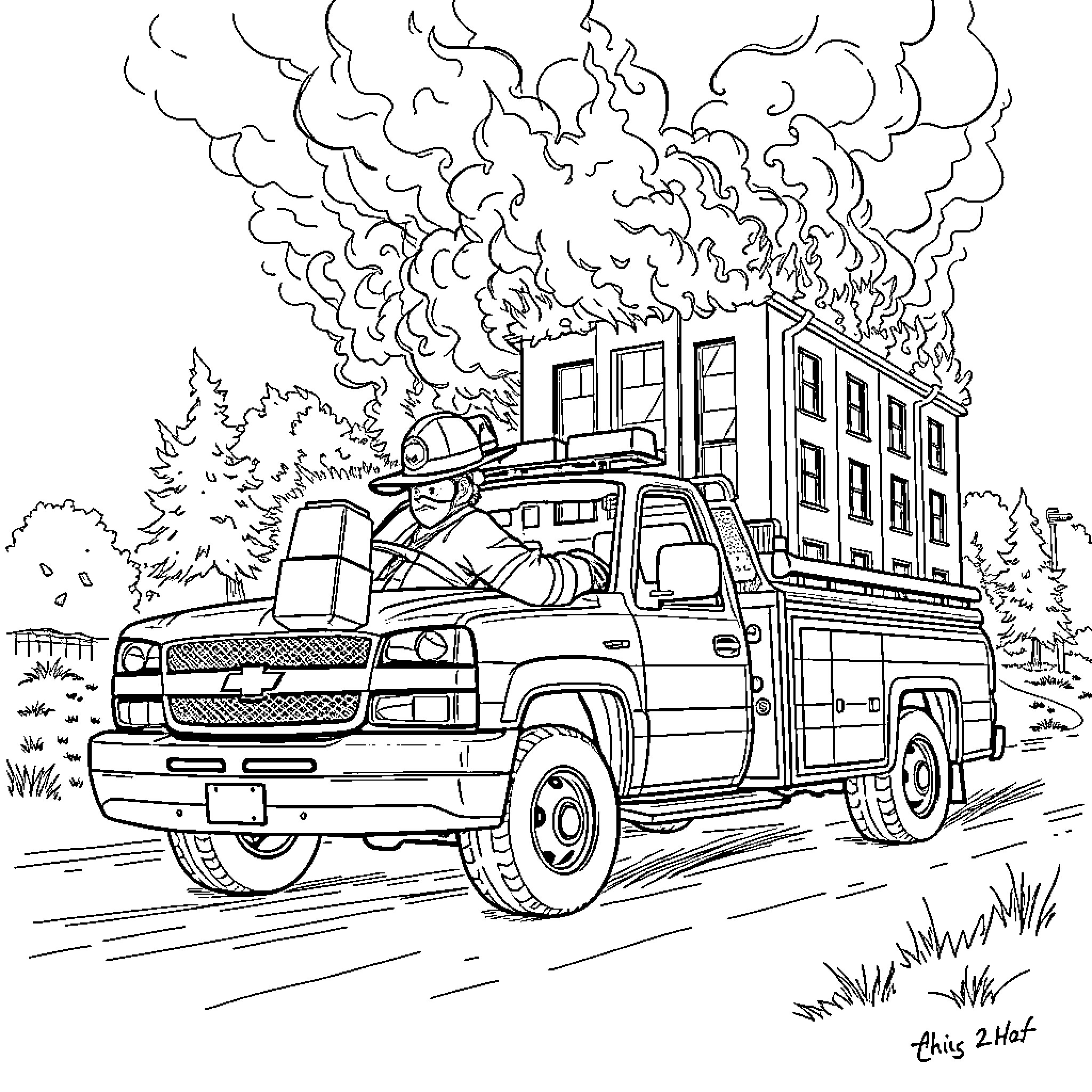 Firefighter truck responding to emergency with smoke billowing Coloring Page (free black-and-white line drawing printable PDF for all, from beginners to advanced learners, including children, teens, adults, and seniors)