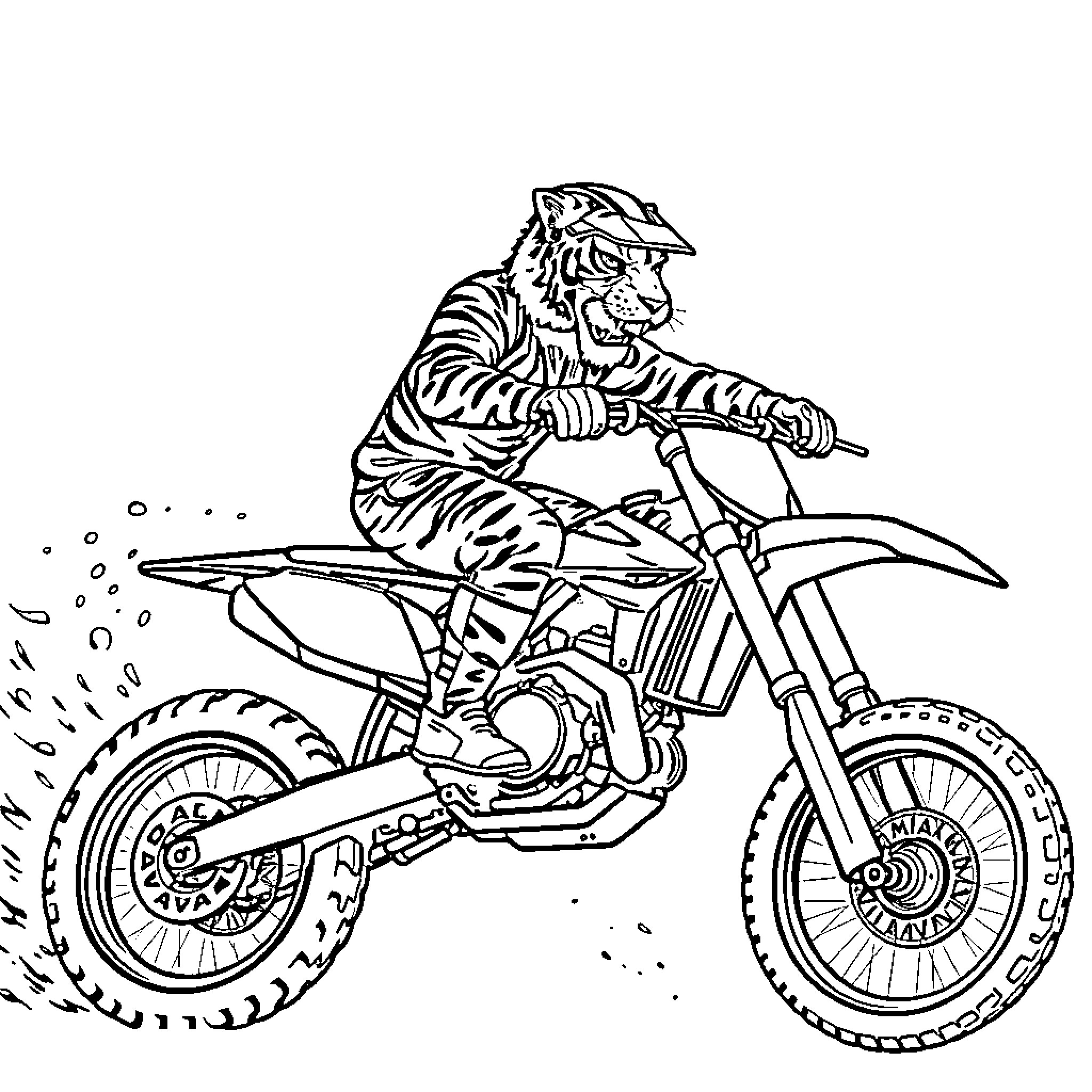 Tiger Riding Dirt Bike Aggressively on Rugged Terrain Coloring Page (free black-and-white line drawing printable PDF for all, from beginners to advanced learners, including children, teens, adults, and seniors)