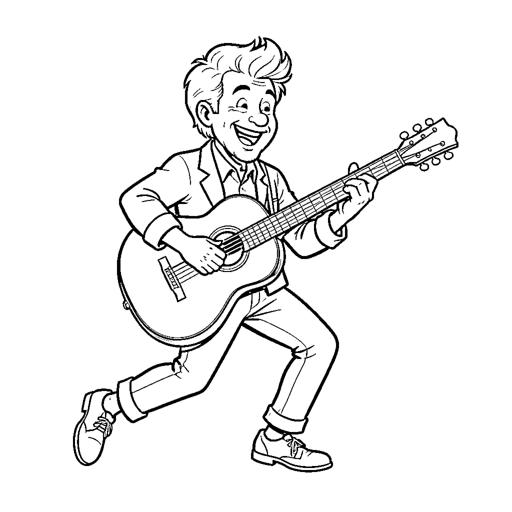 Frank Lebœuf playing an acoustic guitar with a joyful expression Coloring Page (free black-and-white line drawing printable PDF for all, from beginners to advanced learners, including children, teens, adults, and seniors)