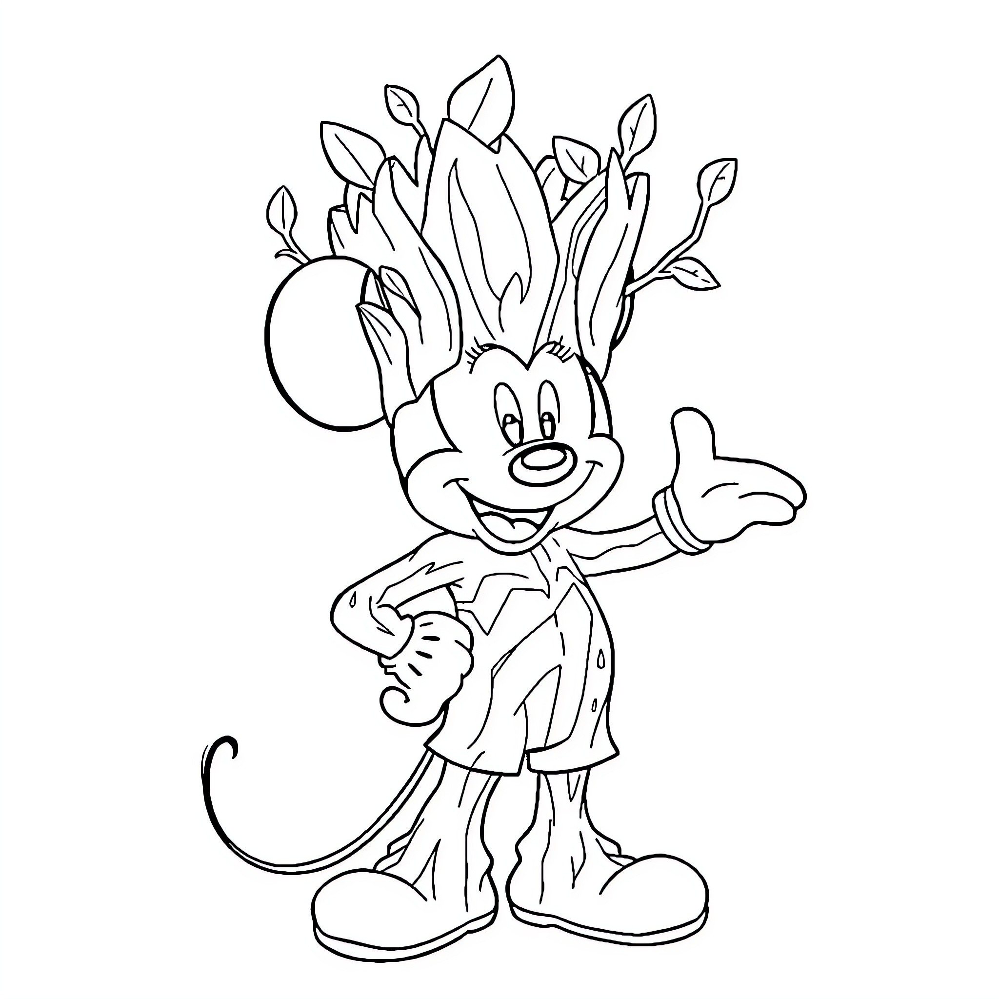 Mickey Mouse with Flower Bouquet Coloring Page (free black-and-white line drawing printable PDF for all, from beginners to advanced learners, including children, teens, adults, and seniors)