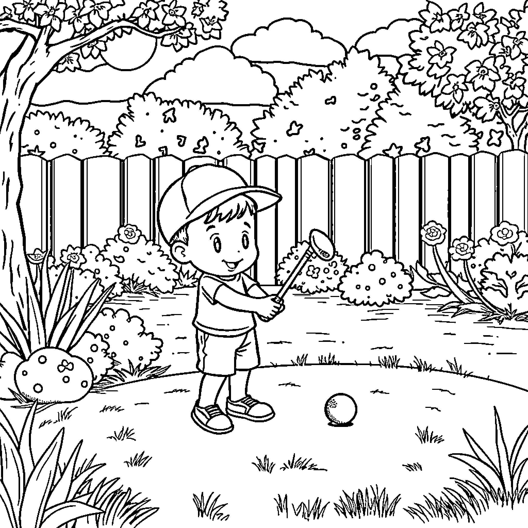 Child playing with ball in garden Coloring Page (free black-and-white line drawing printable PDF for all, from beginners to advanced learners, including children, teens, adults, and seniors)