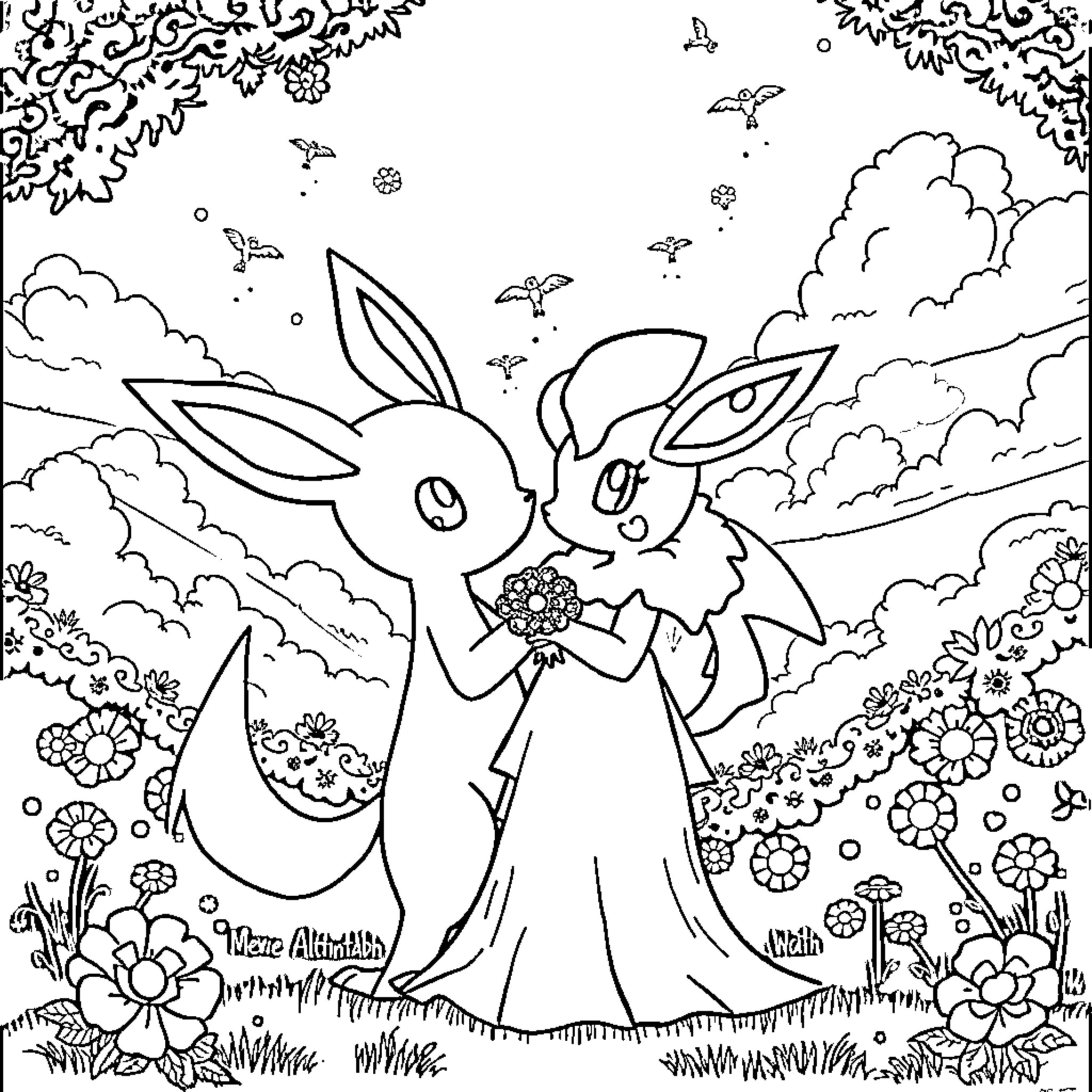 Mew Rabbits Dancing in Floral Wonderland Coloring Page (free black-and-white line drawing printable PDF for all, from beginners to advanced learners, including children, teens, adults, and seniors)