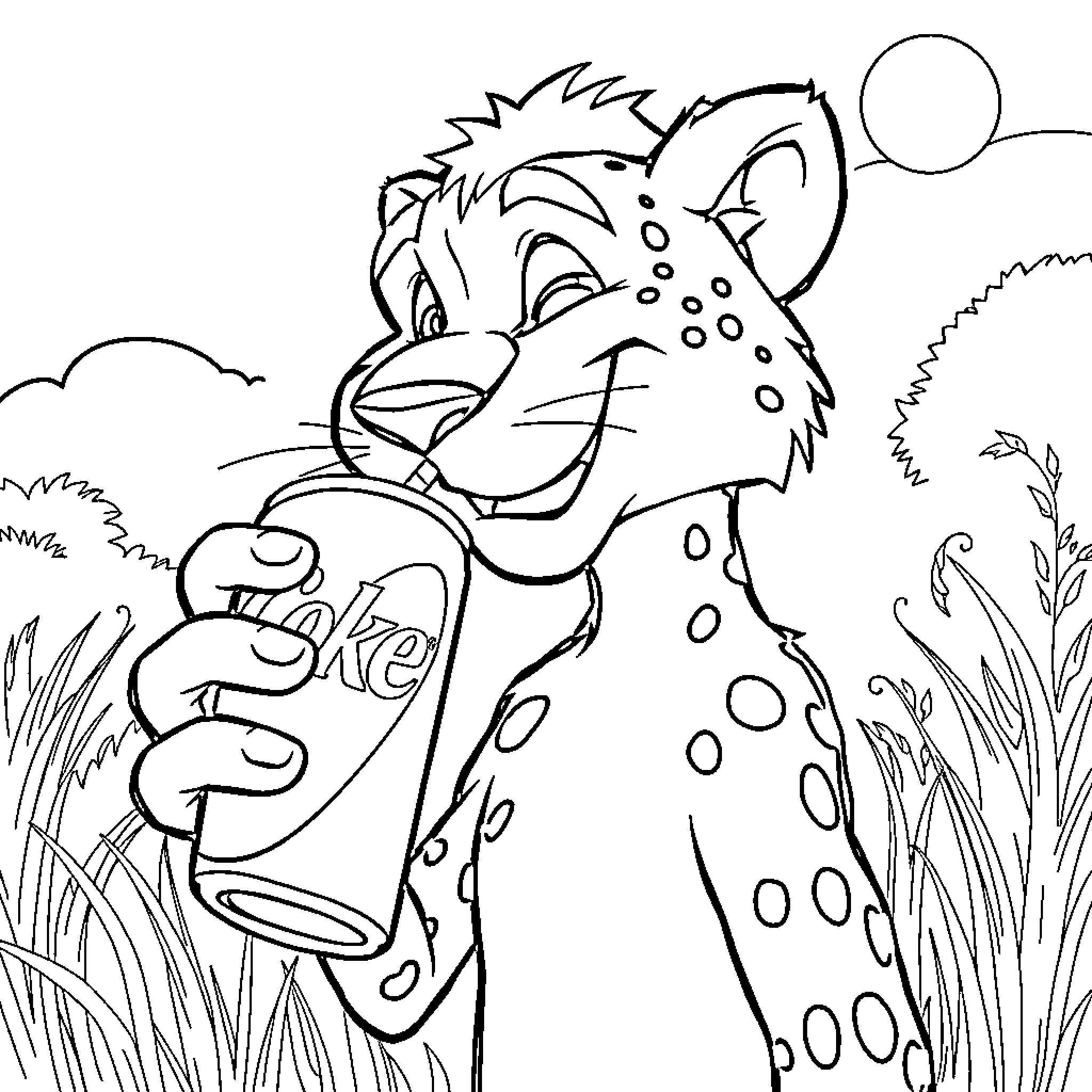 Chester Cheetah drinking a soda in the jungle Coloring Page (free black-and-white line drawing printable PDF for all, from beginners to advanced learners, including children, teens, adults, and seniors)