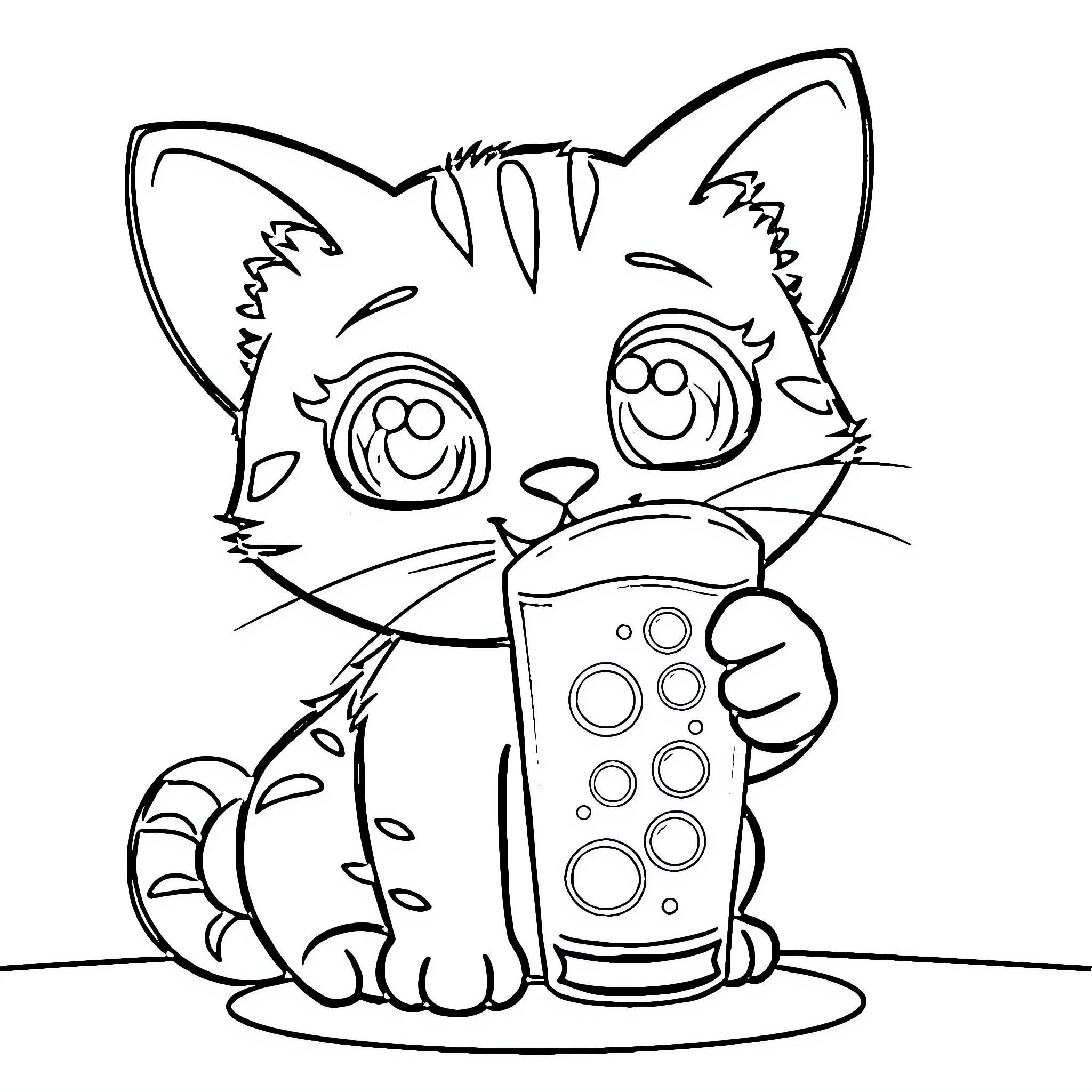 Cat playing with a remote control Coloring Page (free black-and-white line drawing printable PDF for all, from beginners to advanced learners, including children, teens, adults, and seniors)