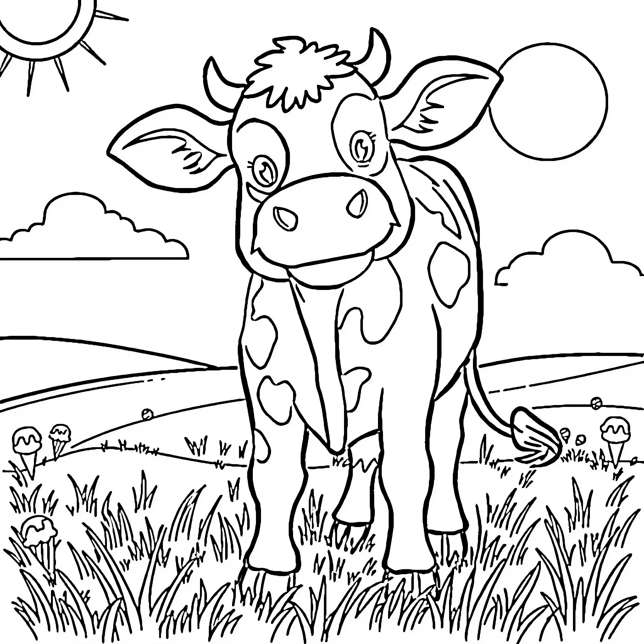 Cow grazing happily in the countryside Coloring Page (free black-and-white line drawing printable PDF for all, from beginners to advanced learners, including children, teens, adults, and seniors)