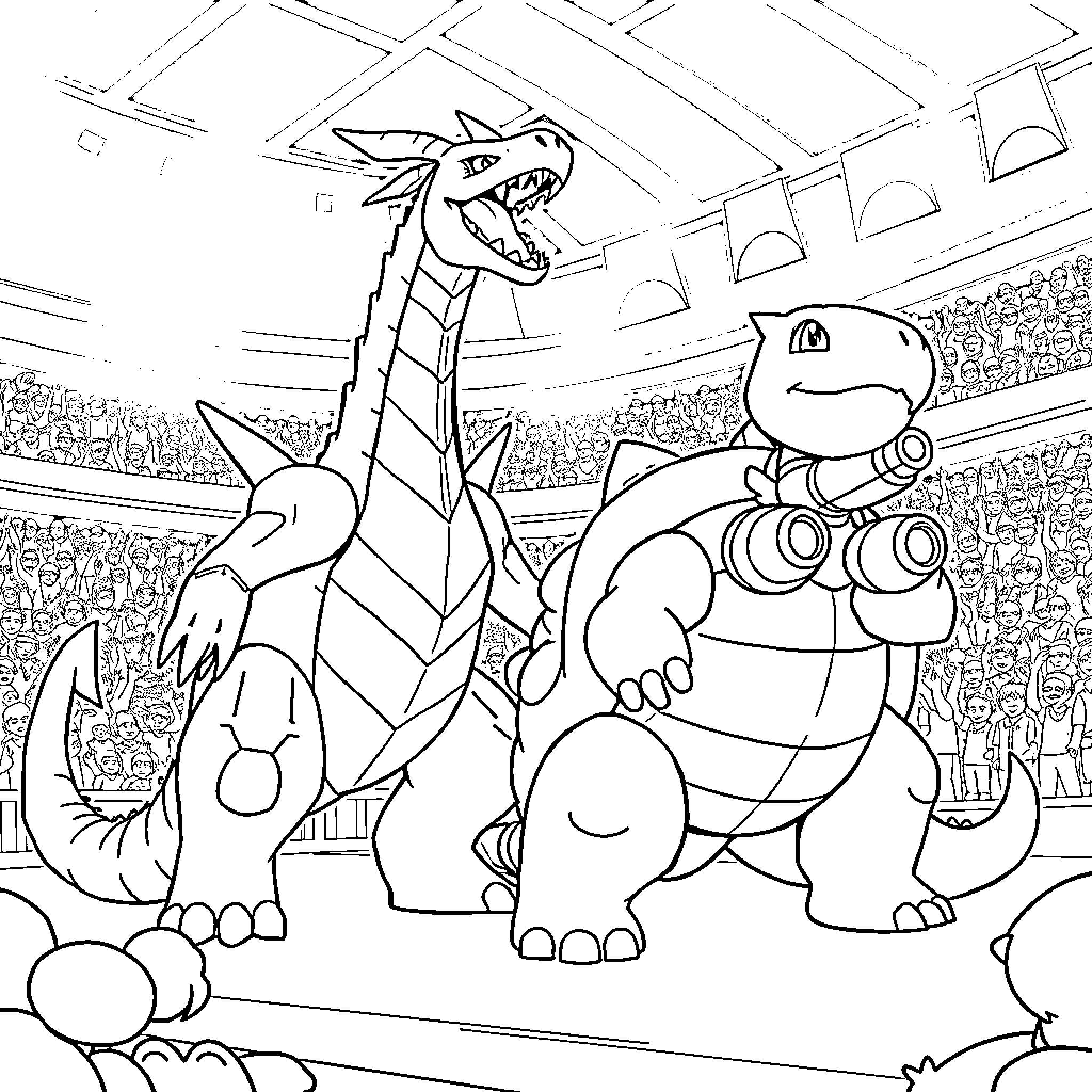 Pokémon Battle in the Arena Coloring Page (free black-and-white line drawing printable PDF for all, from beginners to advanced learners, including children, teens, adults, and seniors)