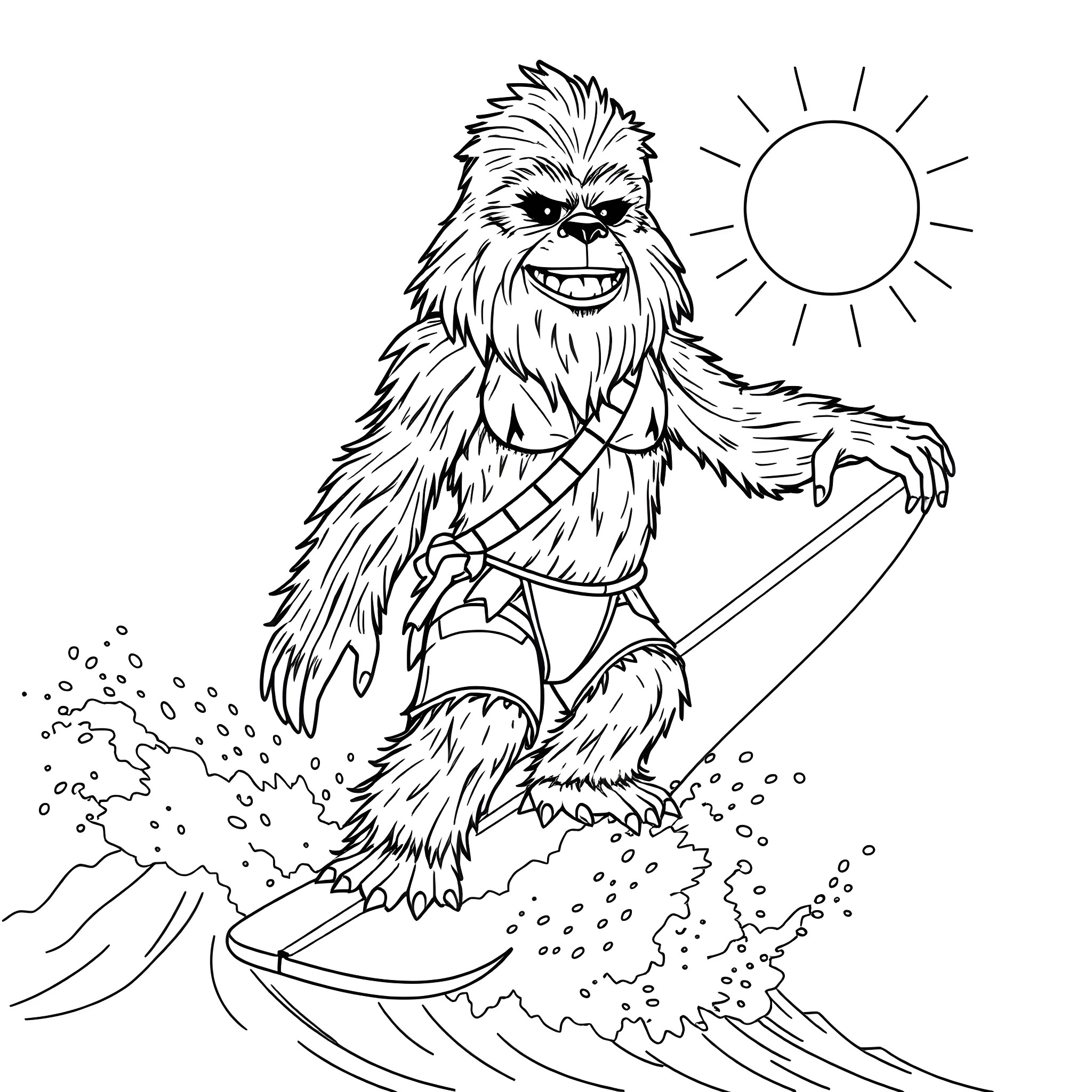 Chewbacca Surfing the Waves under the Sun Coloring Page (free black-and-white line drawing printable PDF for all, from beginners to advanced learners, including children, teens, adults, and seniors)
