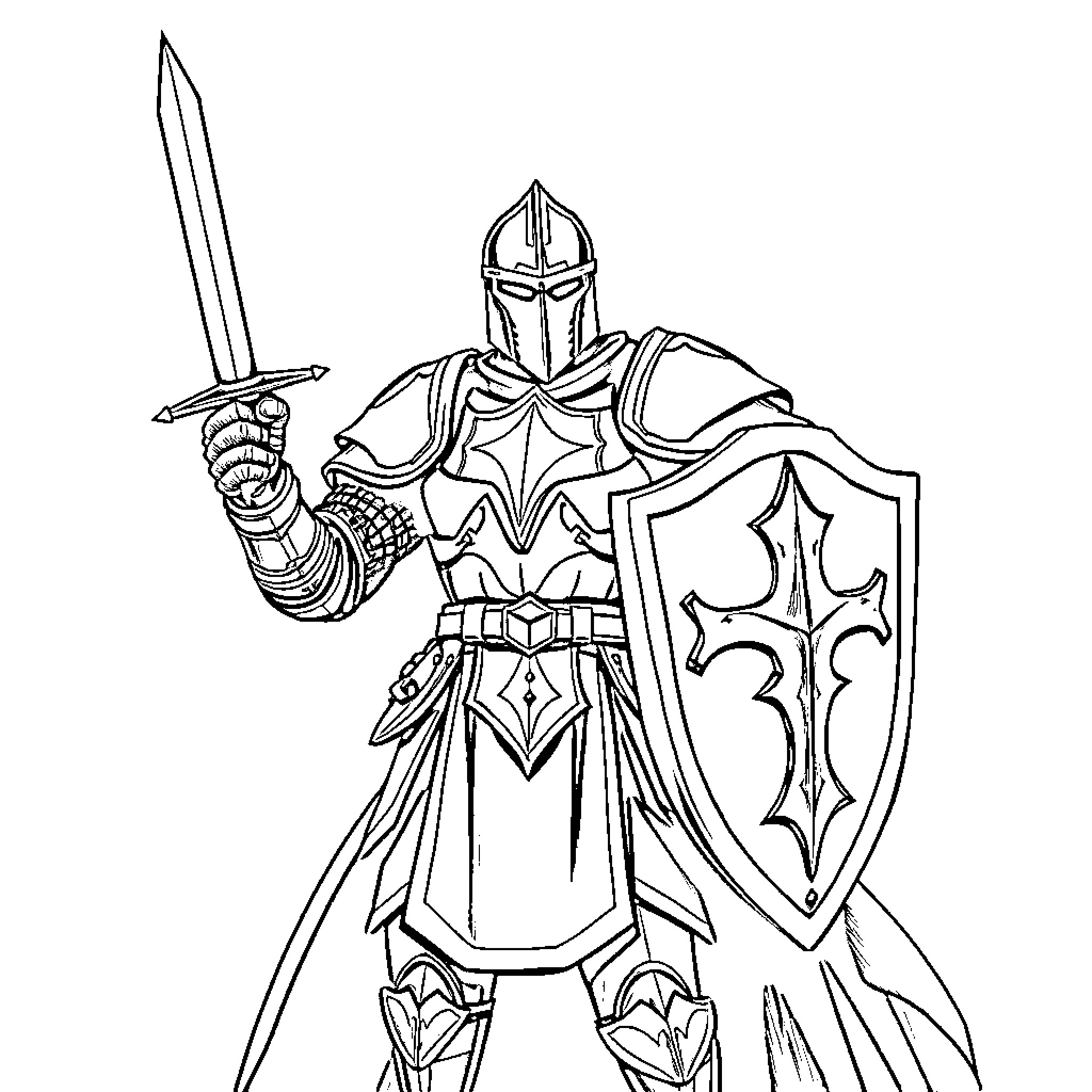 Armor-clad knight wielding sword and shield Coloring Page (free black-and-white line drawing printable PDF for all, from beginners to advanced learners, including children, teens, adults, and seniors)