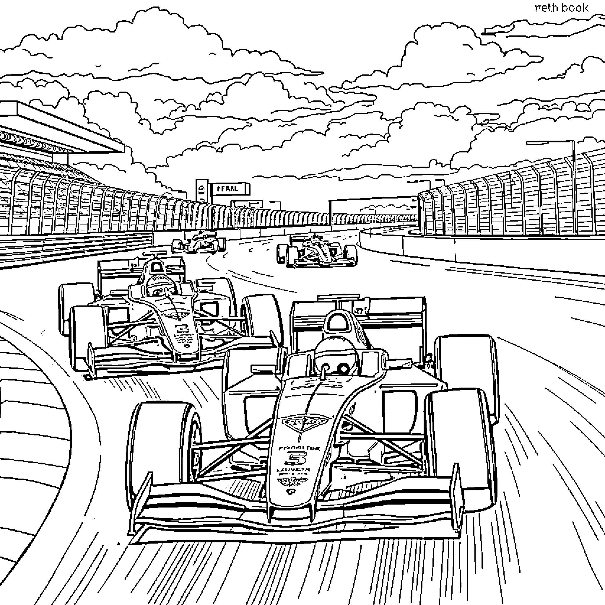 F1 Cars Racing on Winding Circuit with Clouds Coloring Page (free black-and-white line drawing printable PDF for all, from beginners to advanced learners, including children, teens, adults, and seniors)