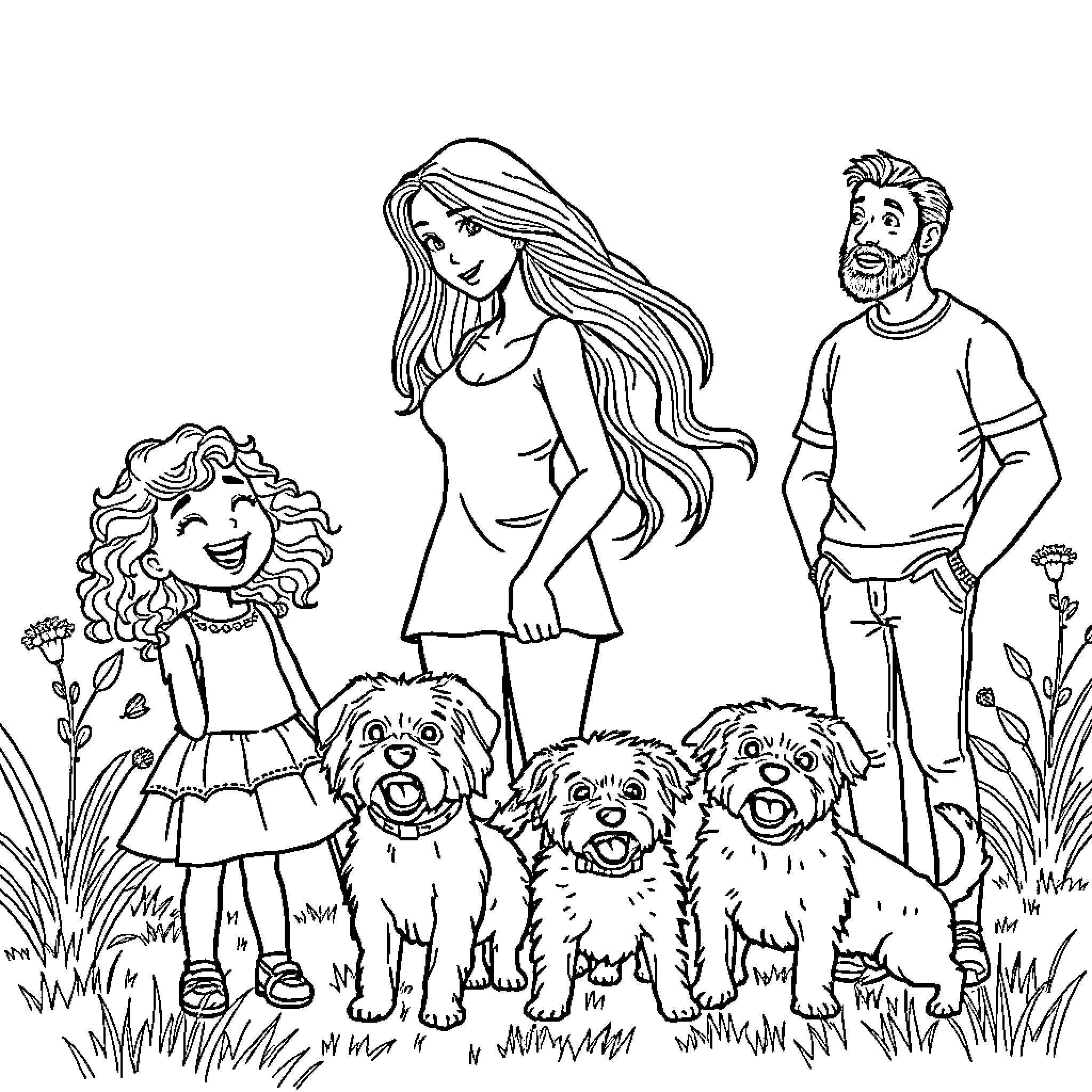 Family Enjoying Outdoor Adventure with Pets Coloring Page (free black-and-white line drawing printable PDF for all, from beginners to advanced learners, including children, teens, adults, and seniors)