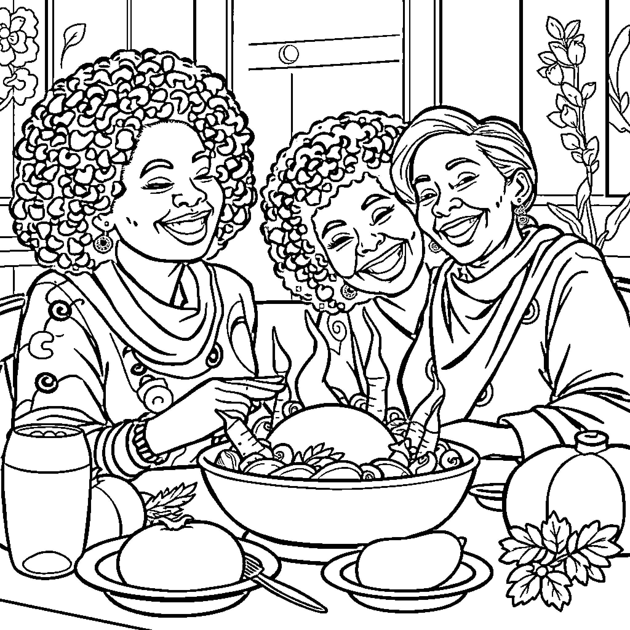 Mom and daughters prepare a family meal together Coloring Page (free black-and-white line drawing printable PDF for all, from beginners to advanced learners, including children, teens, adults, and seniors)