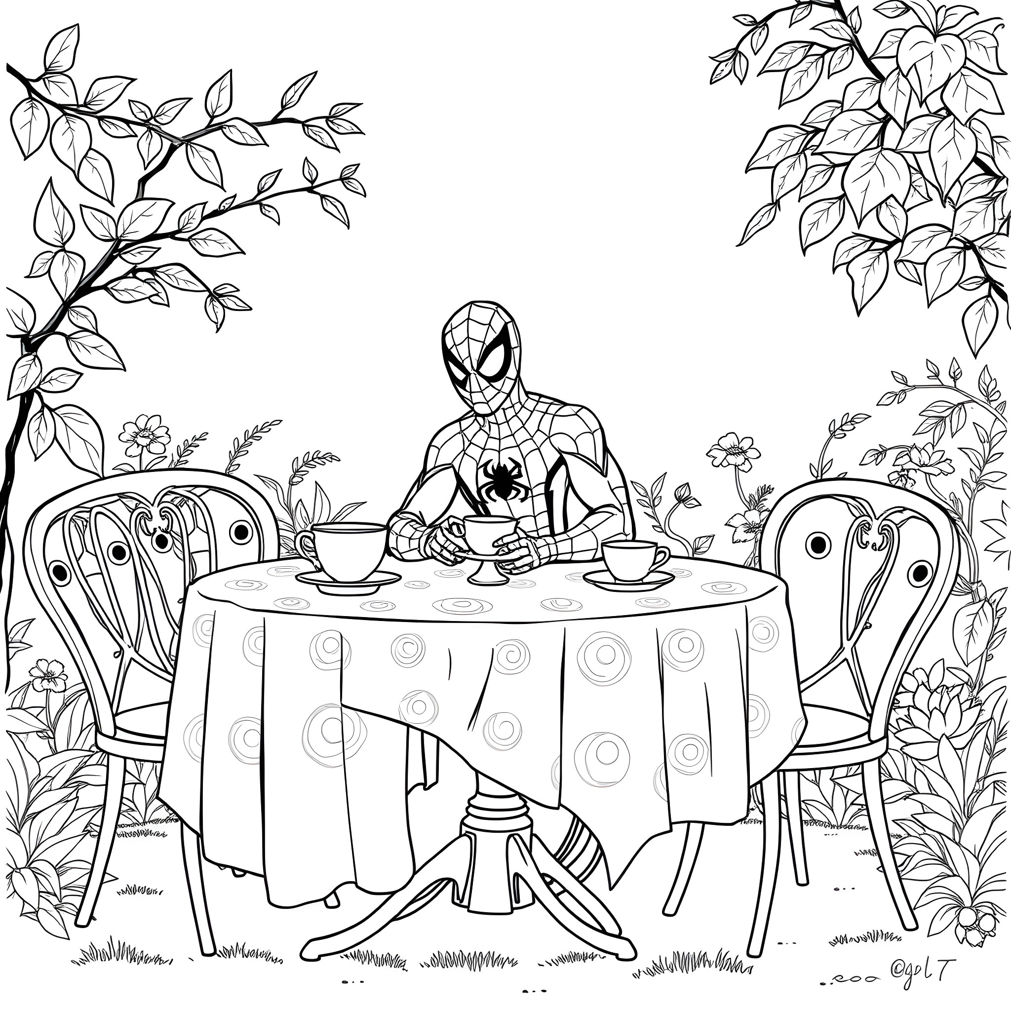 Spiderman enjoying a cozy tea party in nature Coloring Page (free black-and-white line drawing printable PDF for all, from beginners to advanced learners, including children, teens, adults, and seniors)