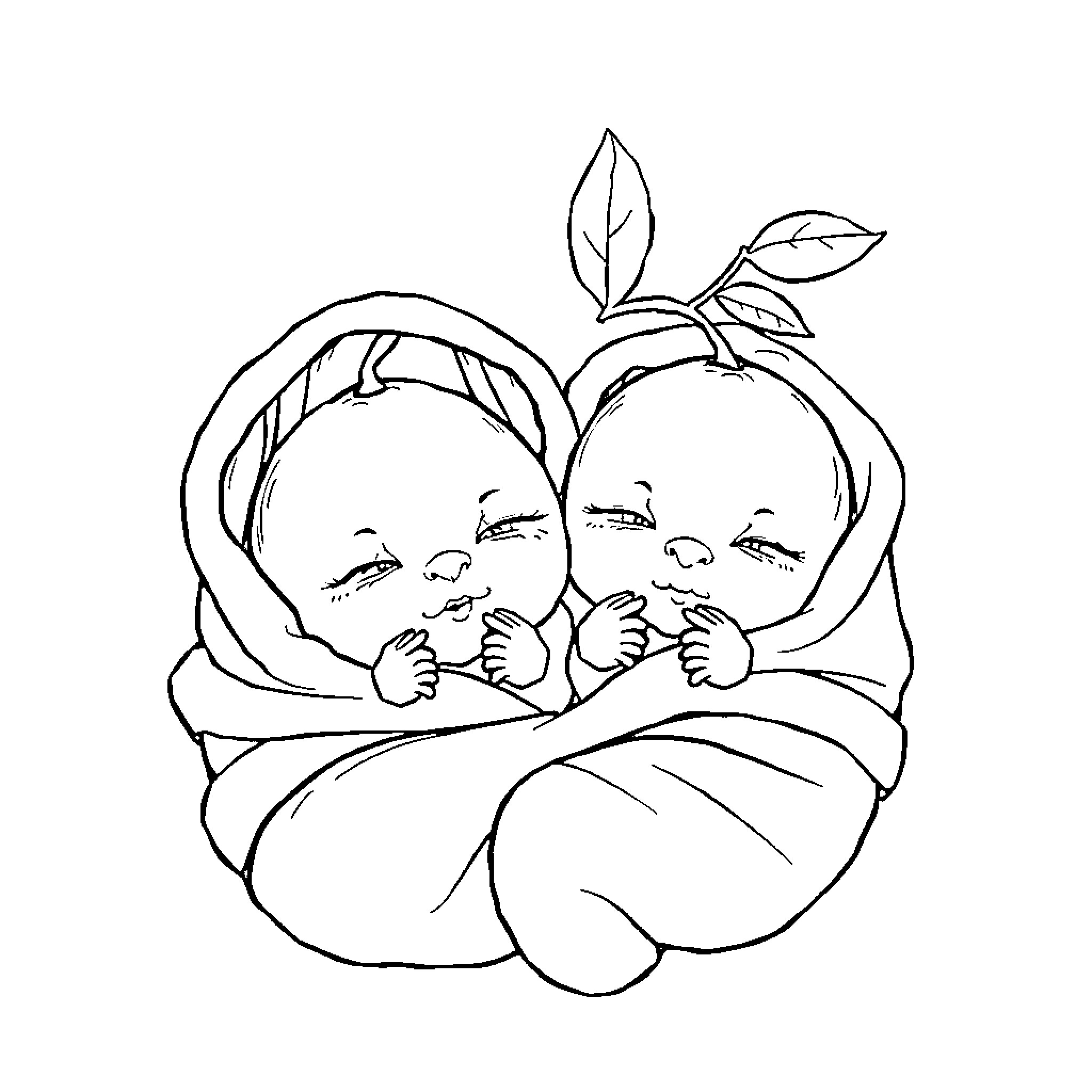Orange Babies Snuggled in Blanket Coloring Page (free black-and-white line drawing printable PDF for all, from beginners to advanced learners, including children, teens, adults, and seniors)