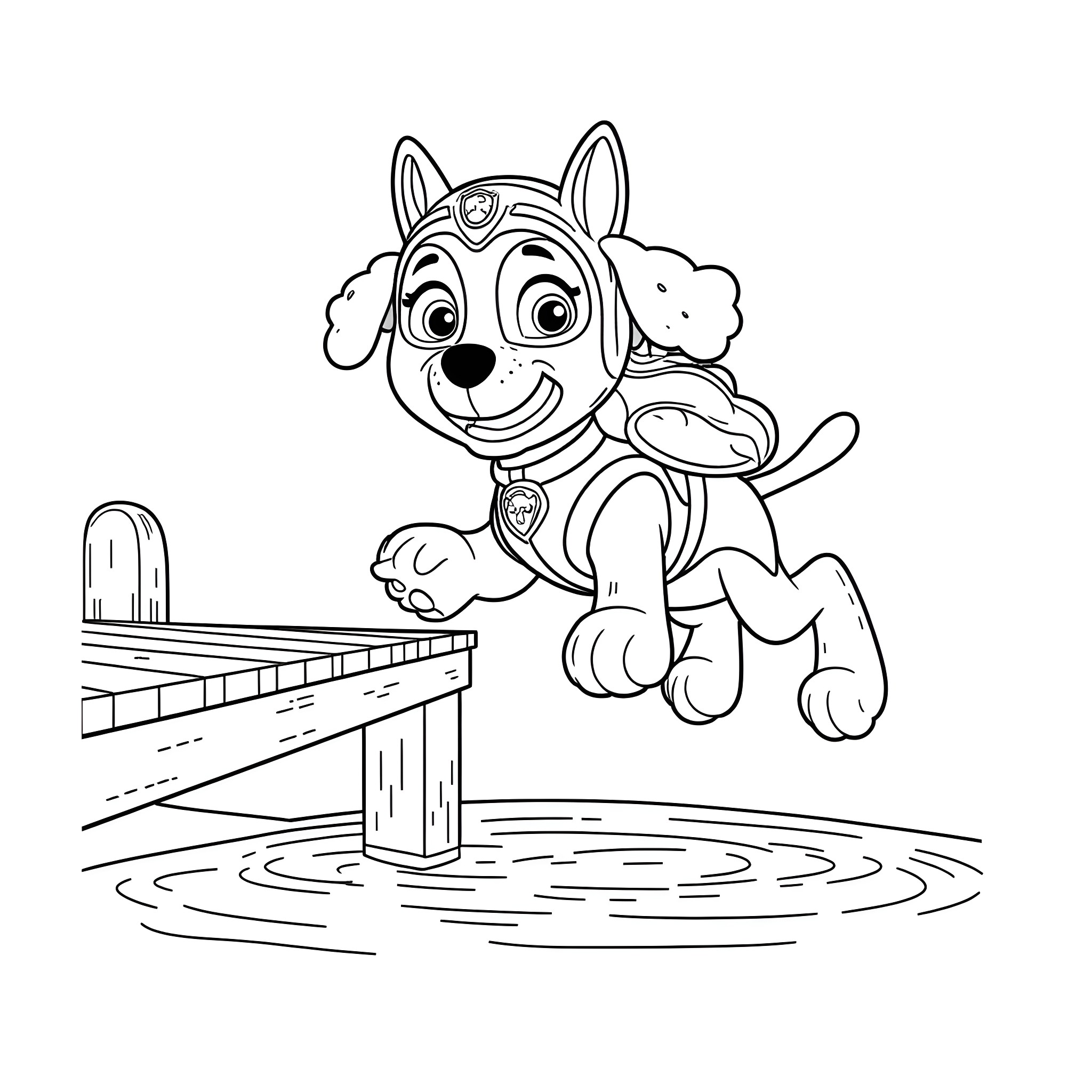 Paw Patrol character jumping into puddle Coloring Page (free black-and-white line drawing printable PDF for all, from beginners to advanced learners, including children, teens, adults, and seniors)