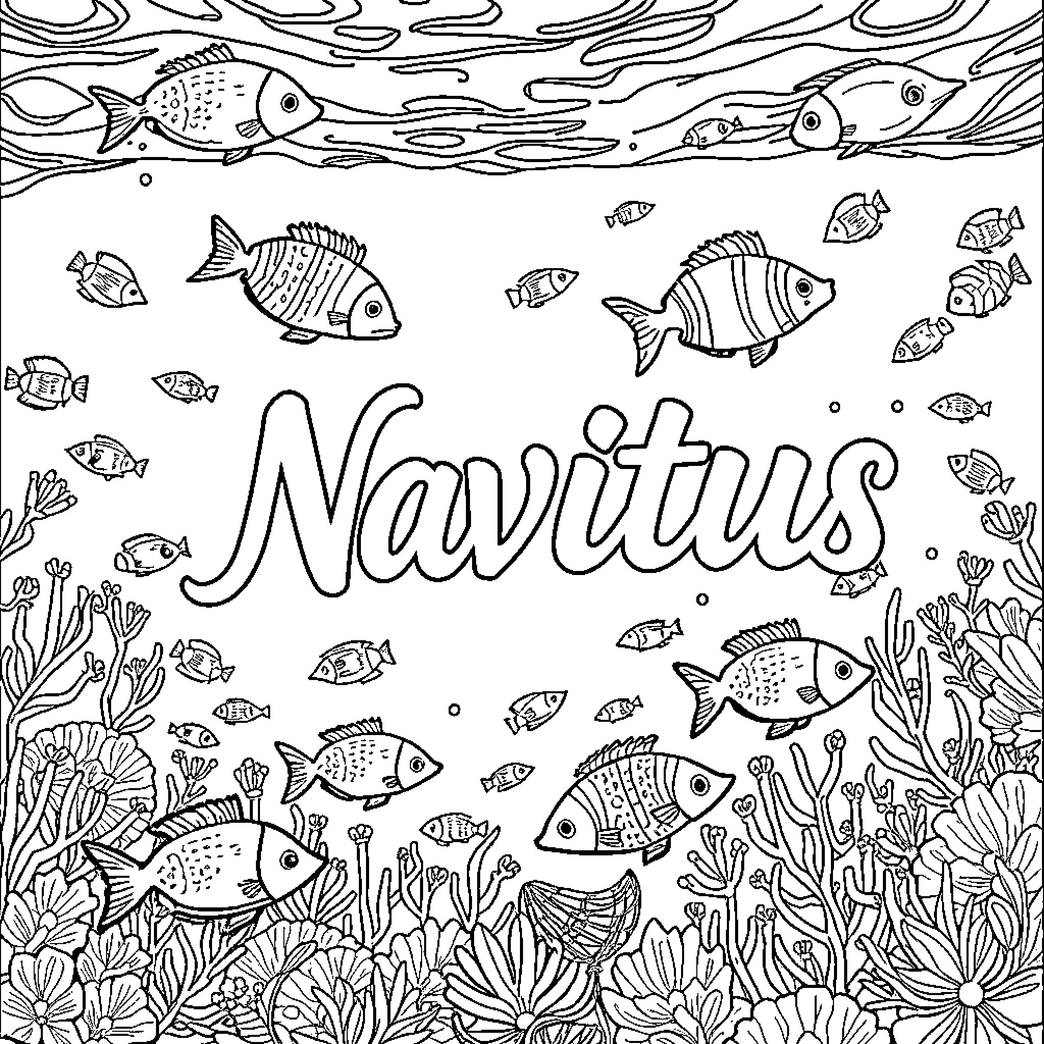 Navitus: Underwater Scene with Tropical Fish Coloring Page (free black-and-white line drawing printable PDF for all, from beginners to advanced learners, including children, teens, adults, and seniors)