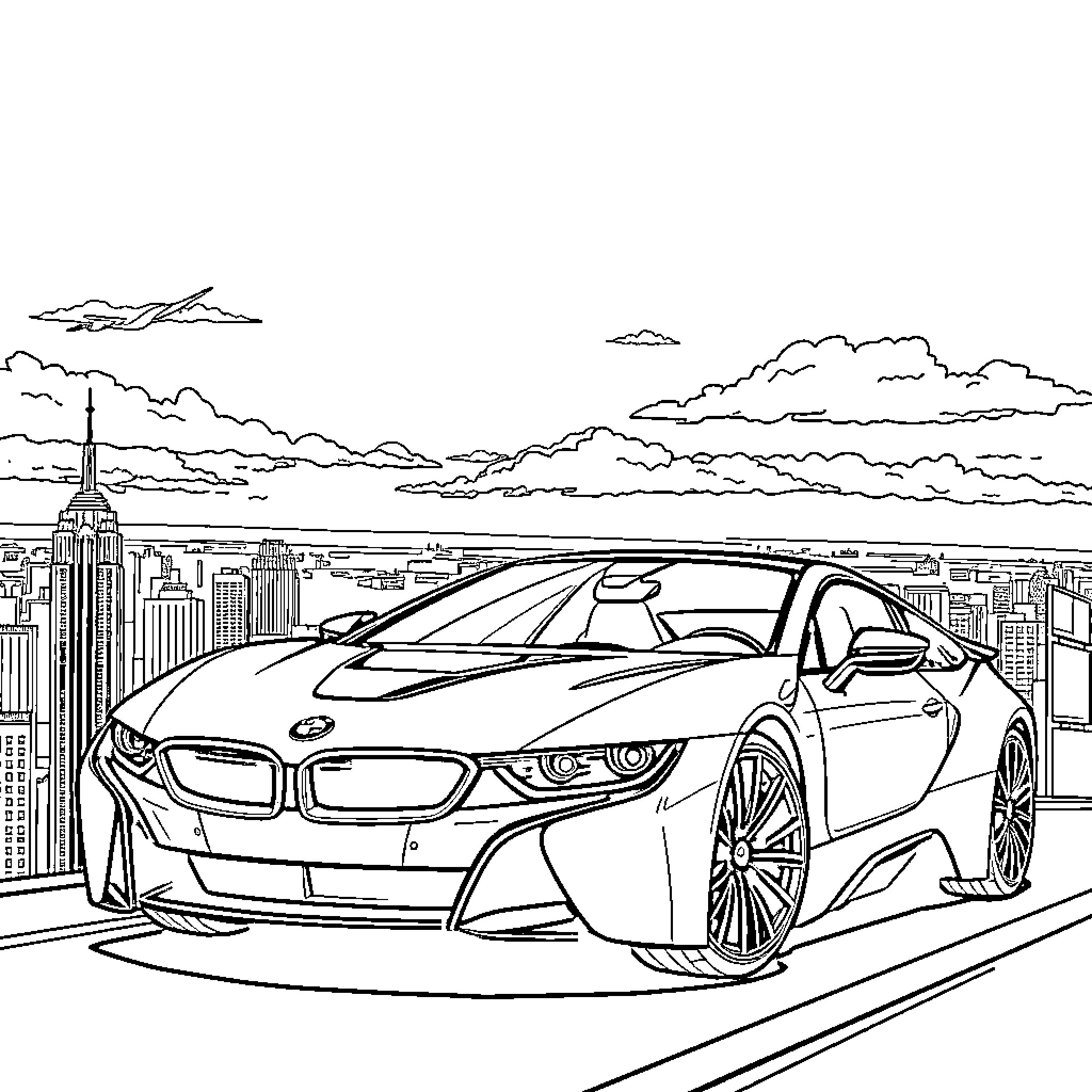 BMW Luxury Supercar in Futuristic Cityscape Coloring Page (free black-and-white line drawing printable PDF for all, from beginners to advanced learners, including children, teens, adults, and seniors)