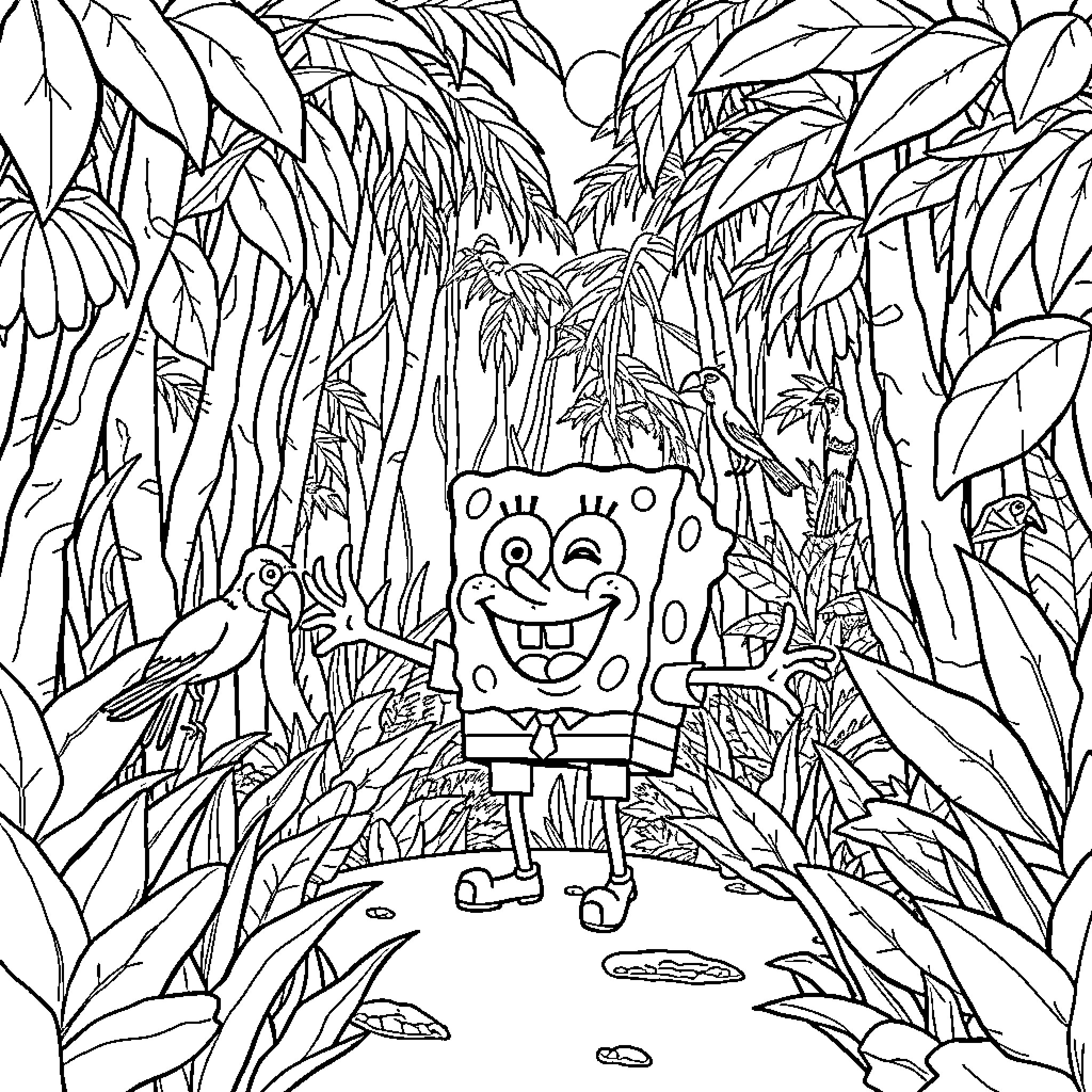 Spongebob exploring the jungle with tropical plants Coloring Page (free black-and-white line drawing printable PDF for all, from beginners to advanced learners, including children, teens, adults, and seniors)