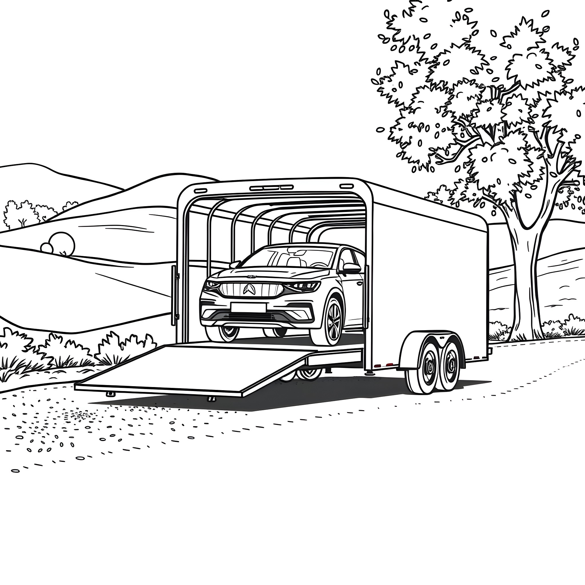 Car Trailer Transporting a Vehicle on the Road Coloring Page (free black-and-white line drawing printable PDF for all, from beginners to advanced learners, including children, teens, adults, and seniors)