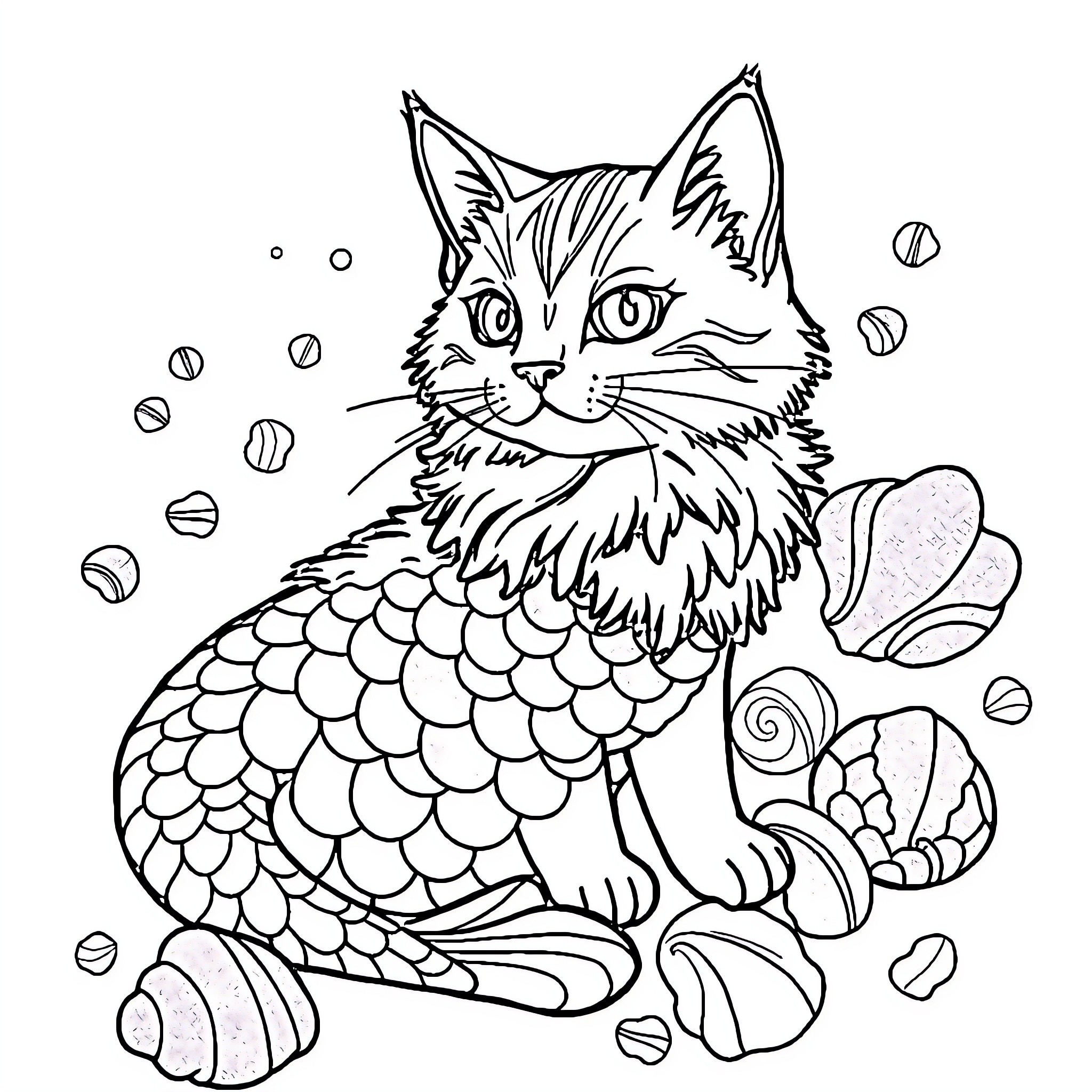 Mermaid Cat exploring underwater with bubbles Coloring Page (free black-and-white line drawing printable PDF for all, from beginners to advanced learners, including children, teens, adults, and seniors)
