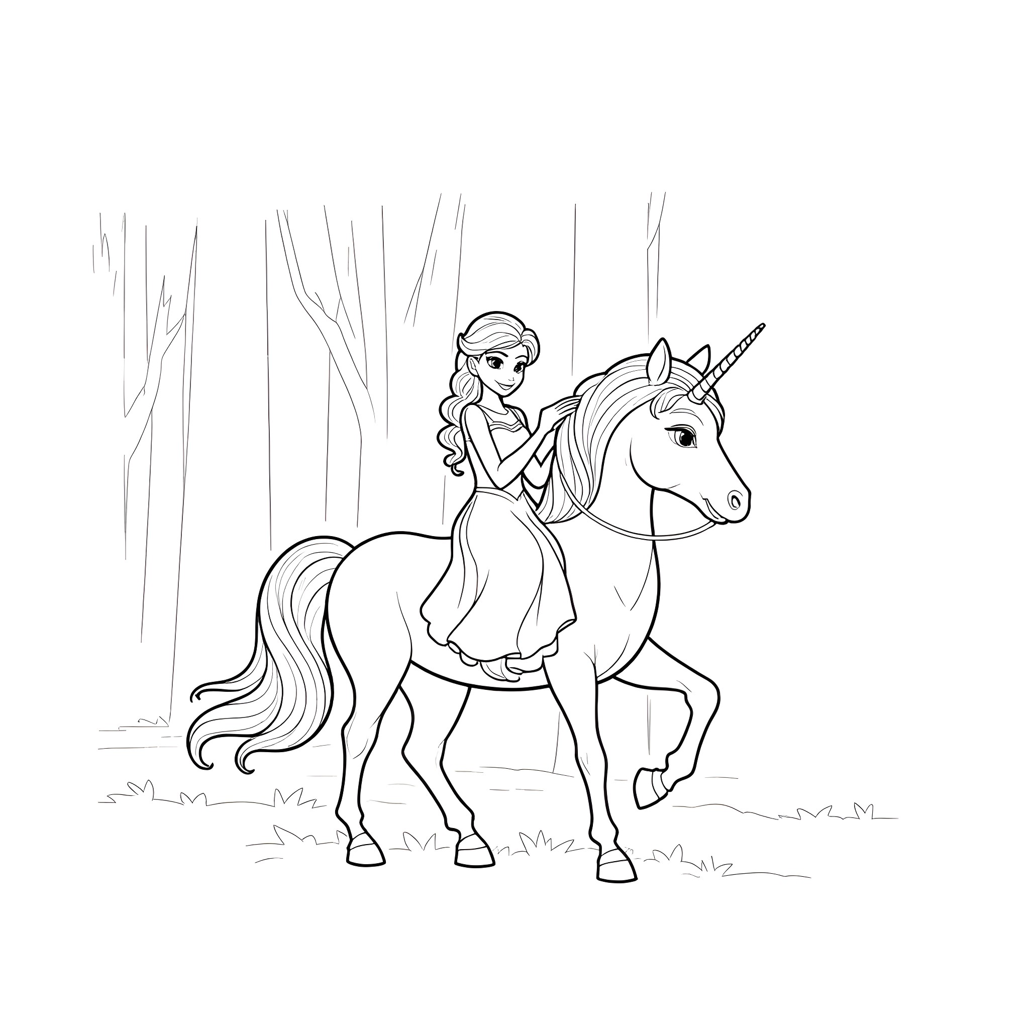 Elsa riding a majestic unicorn through the forest Coloring Page (free black-and-white line drawing printable PDF for all, from beginners to advanced learners, including children, teens, adults, and seniors)