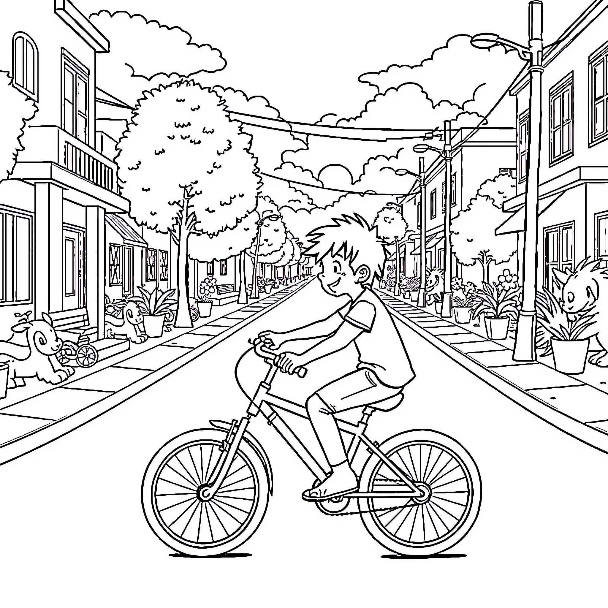 Boy riding bicycle through a bustling town street Coloring Page (free black-and-white line drawing printable PDF for all, from beginners to advanced learners, including children, teens, adults, and seniors)