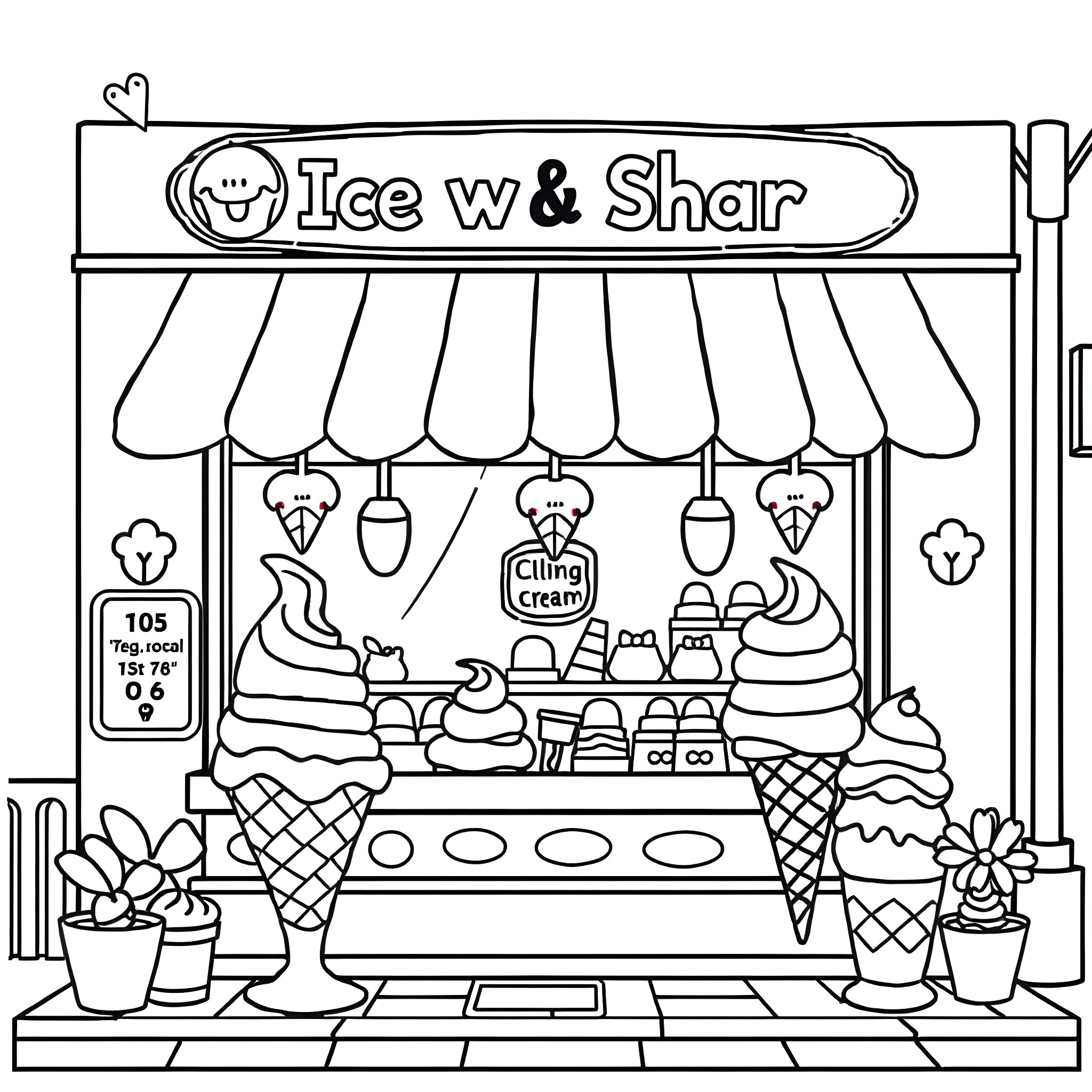 Ice Cream Shop with Cute Desserts and Decor Coloring Page (free black-and-white line drawing printable PDF for all, from beginners to advanced learners, including children, teens, adults, and seniors)