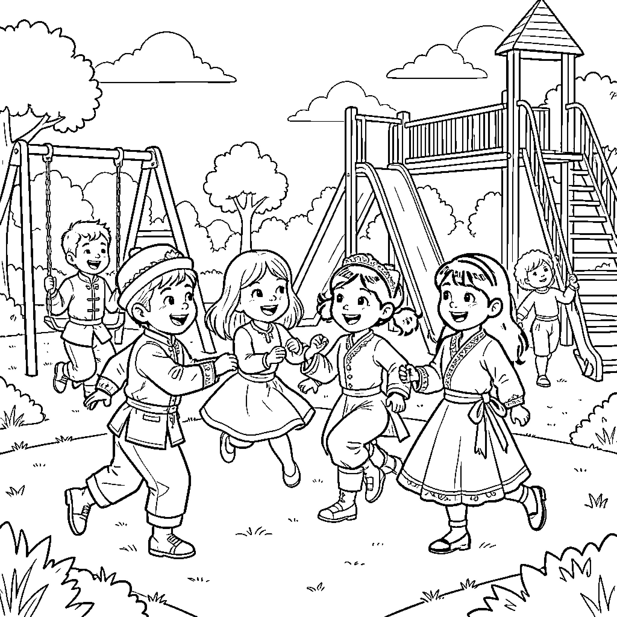 Child group dancing and playing at a playground Coloring Page (free black-and-white line drawing printable PDF for all, from beginners to advanced learners, including children, teens, adults, and seniors)