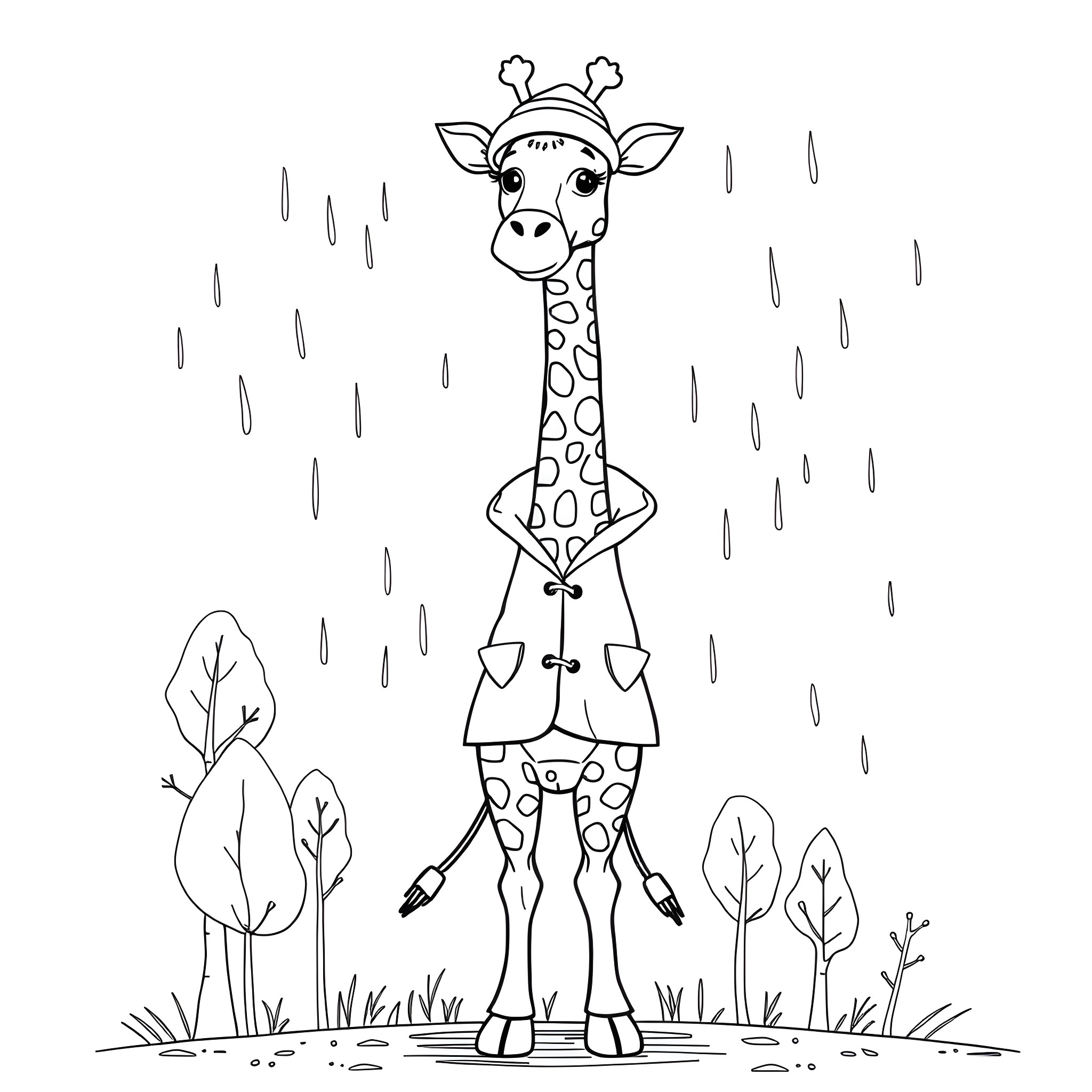 Giraffe wearing raincoat in rainy forest Coloring Page (free black-and-white line drawing printable PDF for all, from beginners to advanced learners, including children, teens, adults, and seniors)