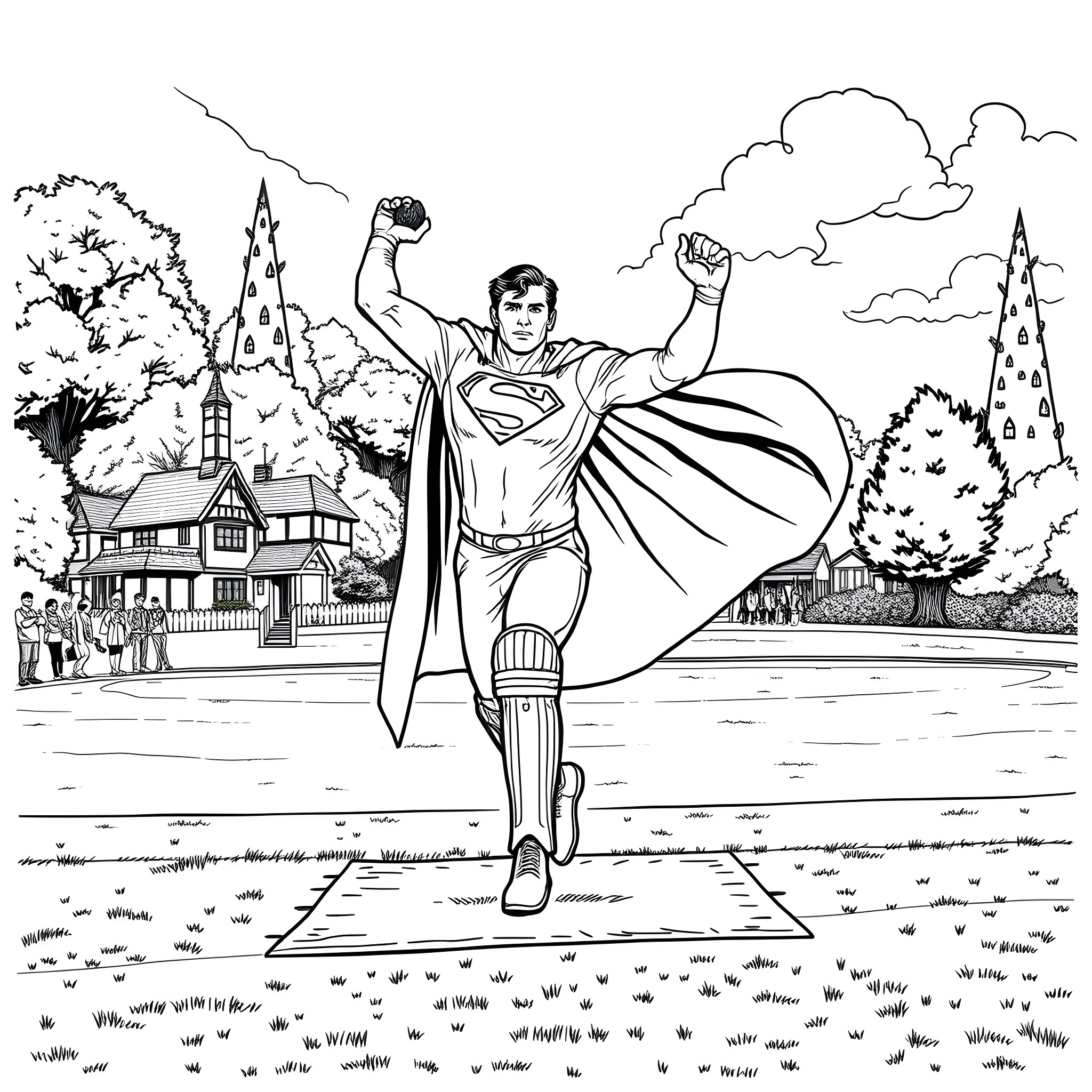 Superman heroically soaring over the city landscape Coloring Page (free black-and-white line drawing printable PDF for all, from beginners to advanced learners, including children, teens, adults, and seniors)