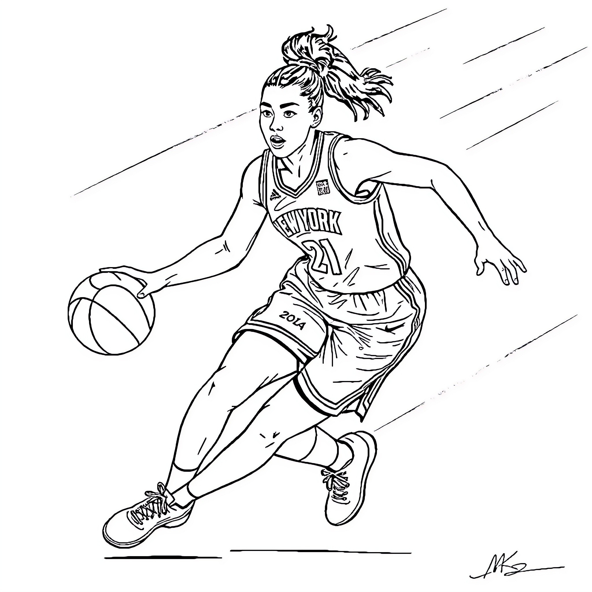 Marine Johannès playing basketball with energy Coloring Page (free black-and-white line drawing printable PDF for all, from beginners to advanced learners, including children, teens, adults, and seniors)