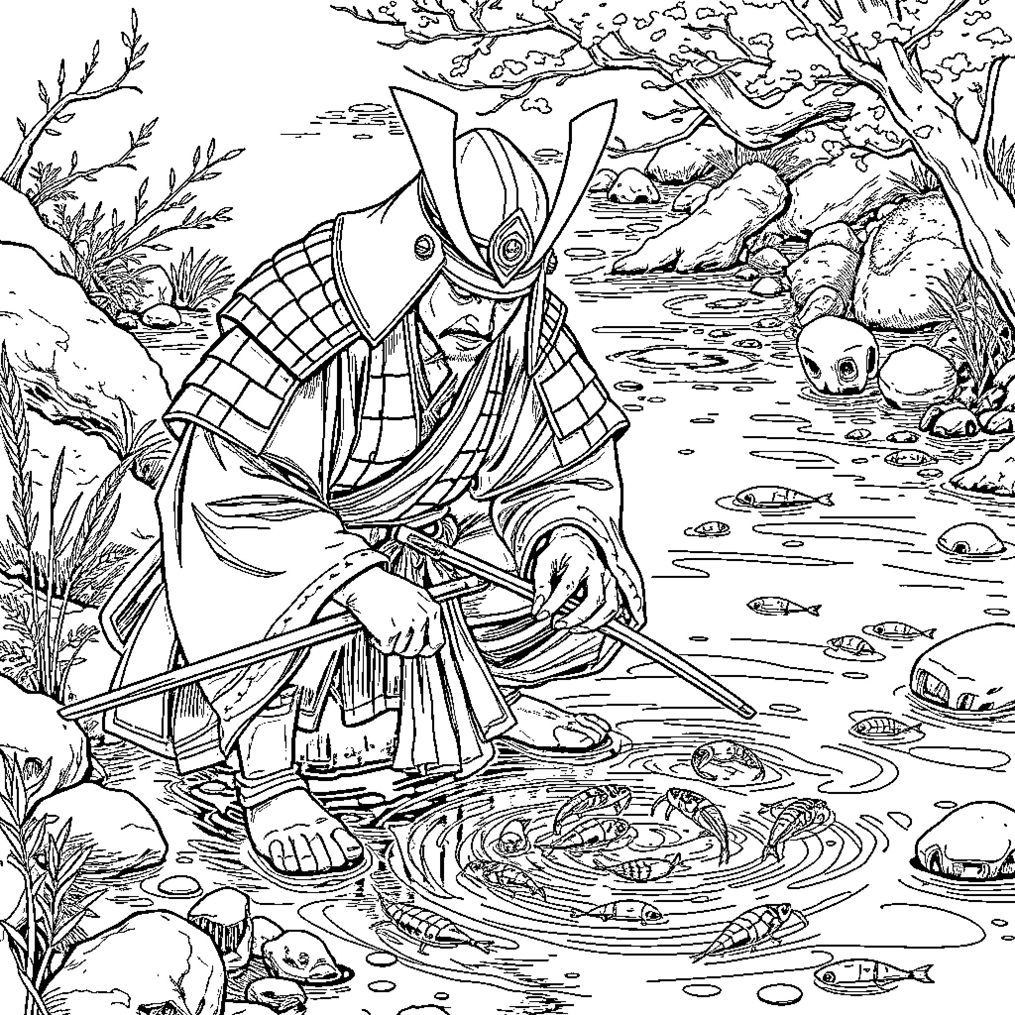 Samurai Fishing in Tranquil Pond Amidst Nature Coloring Page (free black-and-white line drawing printable PDF for all, from beginners to advanced learners, including children, teens, adults, and seniors)