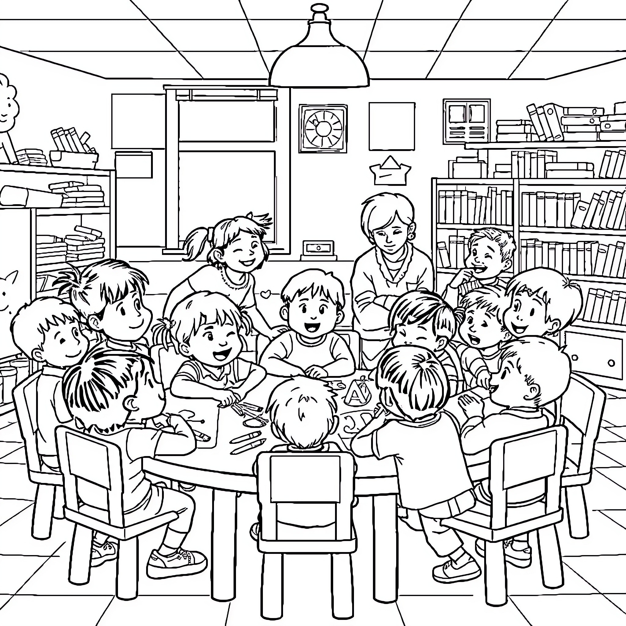 Kid's classroom activities with friends and teacher Coloring Page (free black-and-white line drawing printable PDF for all, from beginners to advanced learners, including children, teens, adults, and seniors)