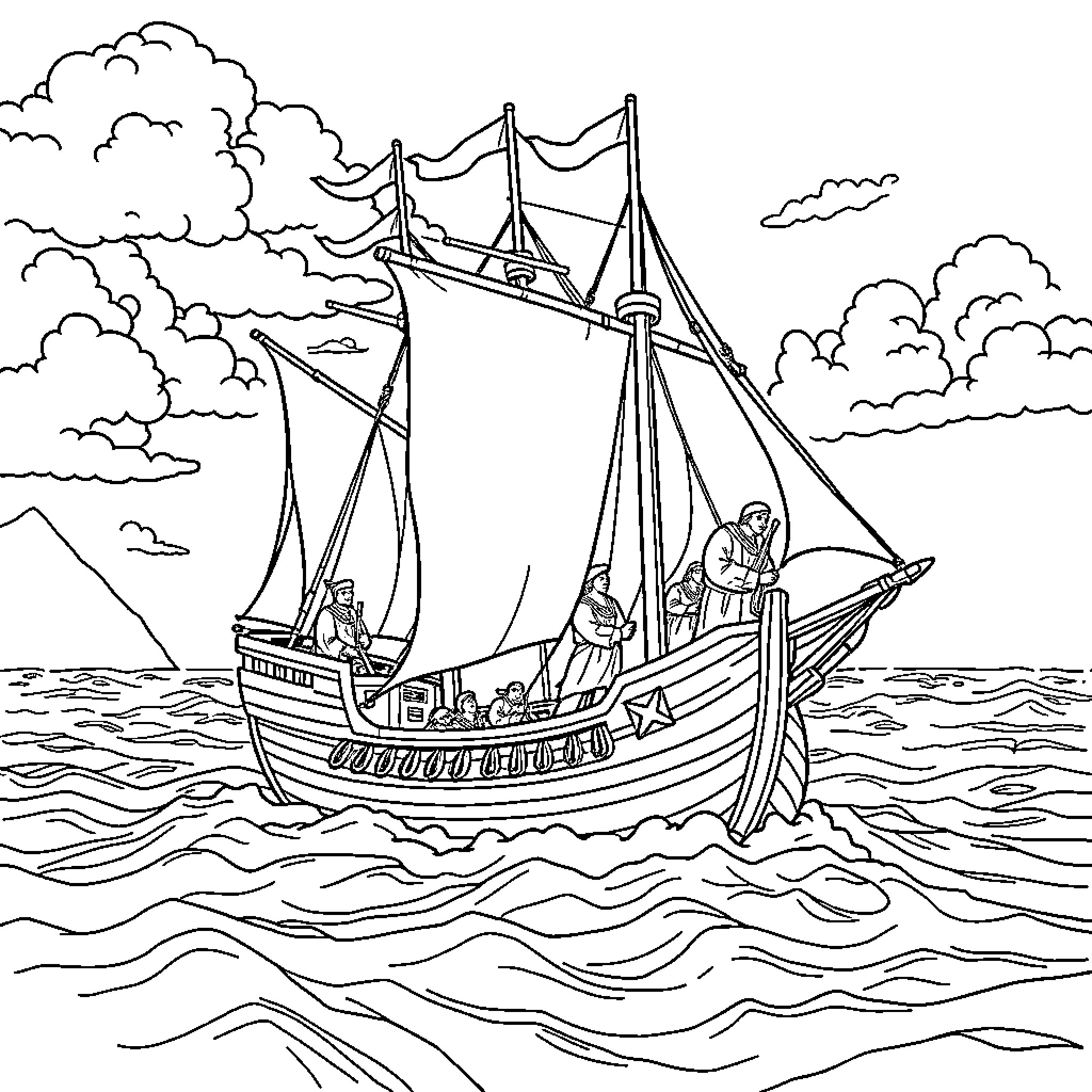 Explorer Sailing Ship Navigating the High Seas Coloring Page (free black-and-white line drawing printable PDF for all, from beginners to advanced learners, including children, teens, adults, and seniors)