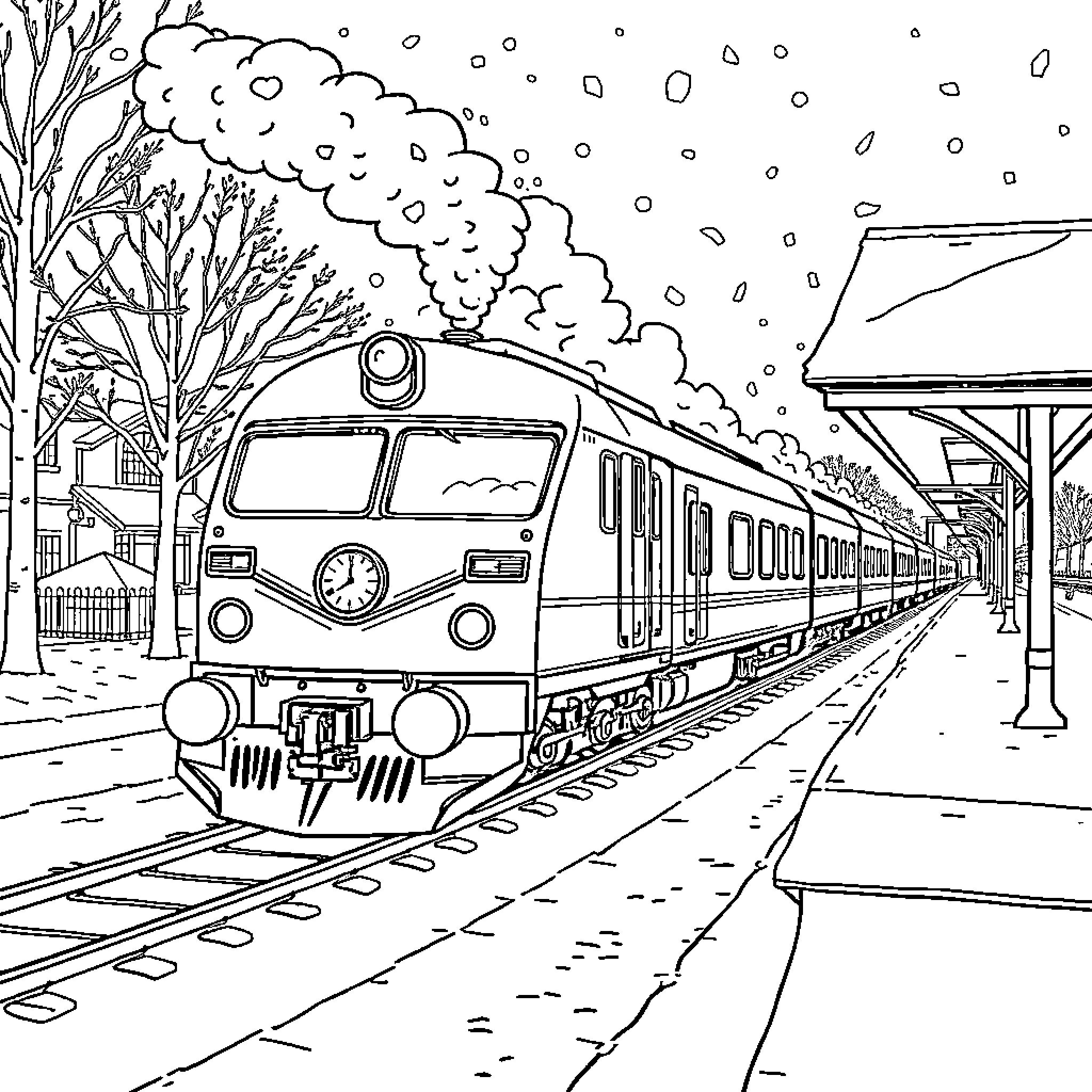 Polar Express Train Arriving at the Station Coloring Page (free black-and-white line drawing printable PDF for all, from beginners to advanced learners, including children, teens, adults, and seniors)