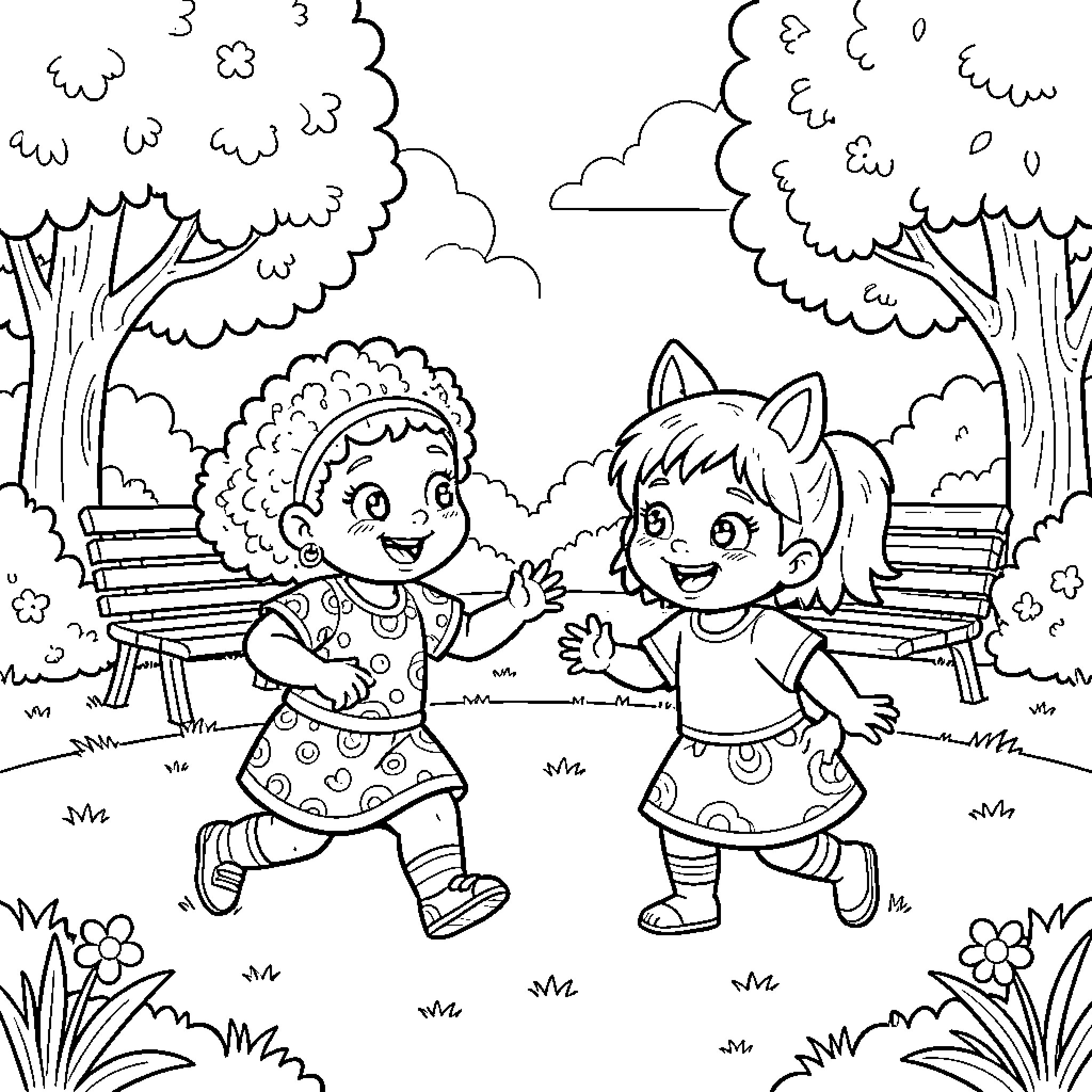 Trotro featuring two happy girls playing outdoors Coloring Page (free black-and-white line drawing printable PDF for all, from beginners to advanced learners, including children, teens, adults, and seniors)