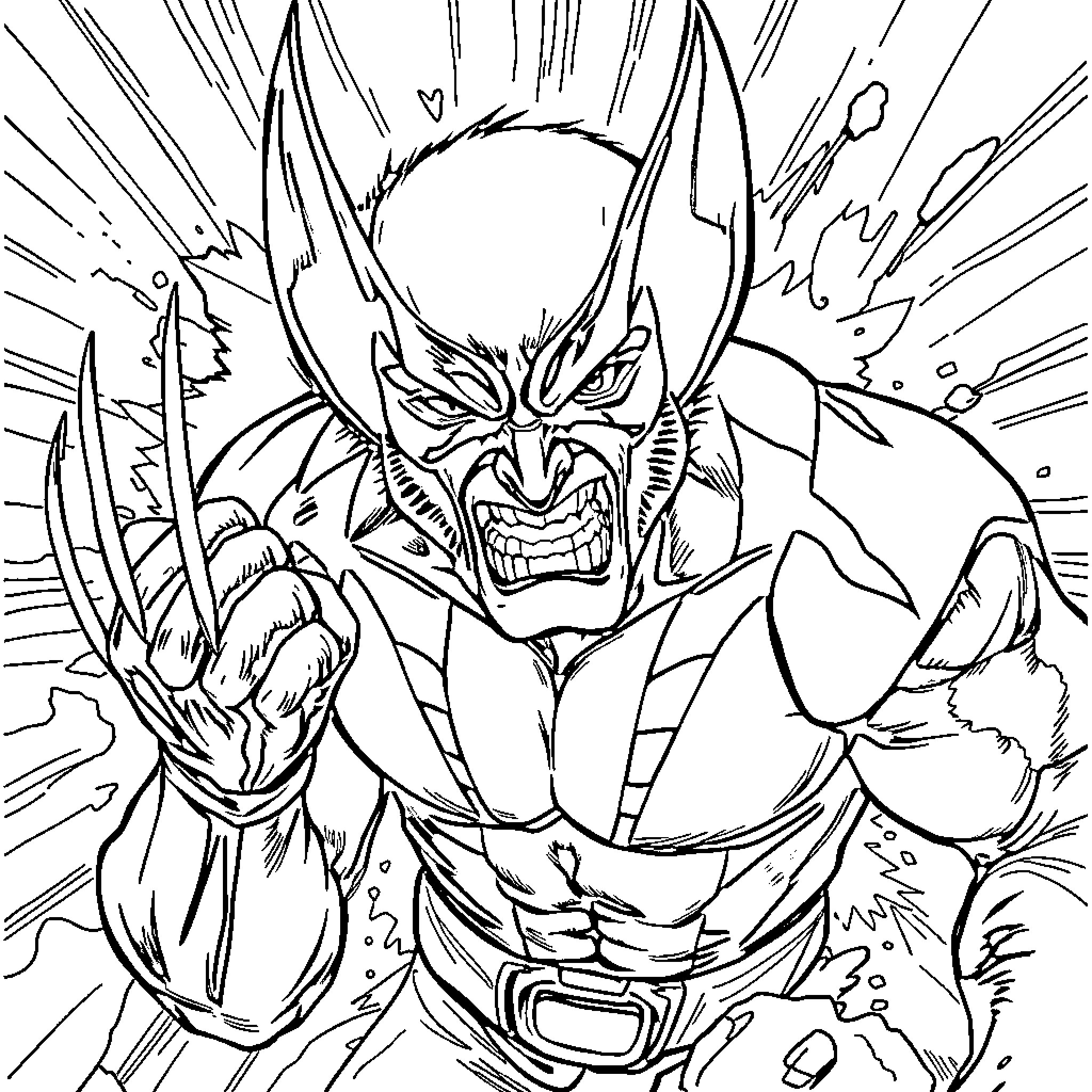 Wolverine in Fierce Battle Stance Coloring Page (free black-and-white line drawing printable PDF for all, from beginners to advanced learners, including children, teens, adults, and seniors)